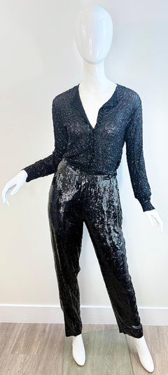 Donna Karan Vintage 1990s 90s Black Sequin High Rise Tapered Evening Dress Pants