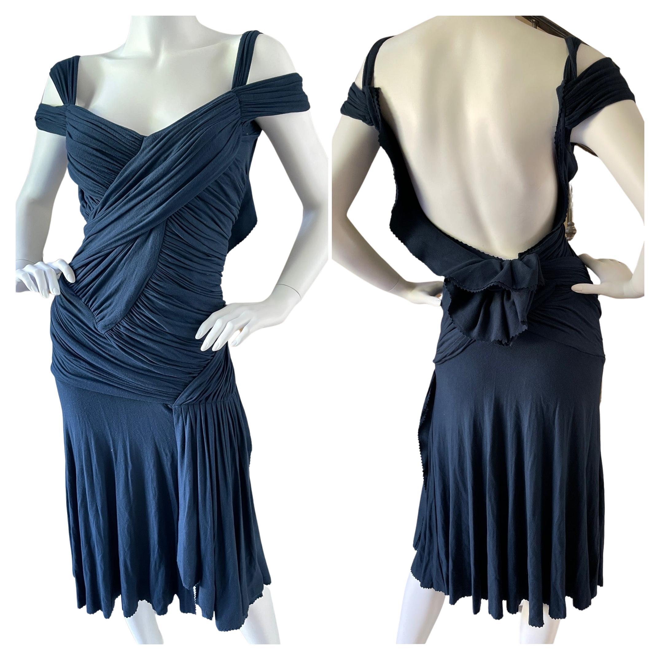 Donna Karan Vintage 1990's Draped Navy Blue Cocktail Dress with Plunging Back For Sale