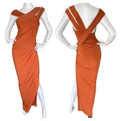 Donna Karan Vintage 1990's Orange Evening Dress with High Side Slit  