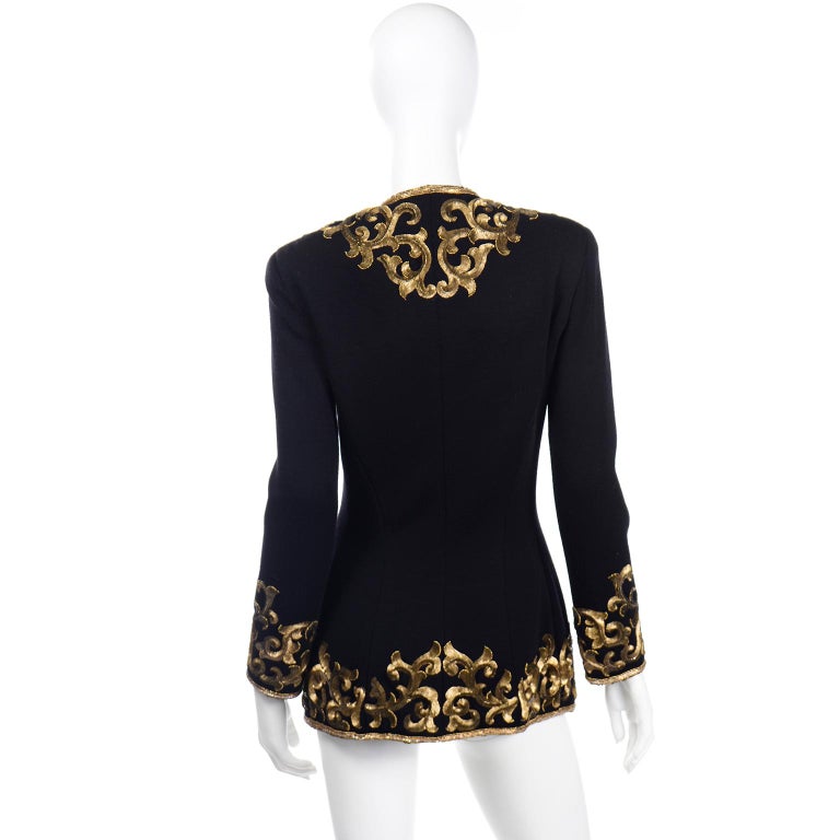 Women's Donna Karan Vintage Black Beaded Embroidered Gold Stacked Sequin Jacket For Sale