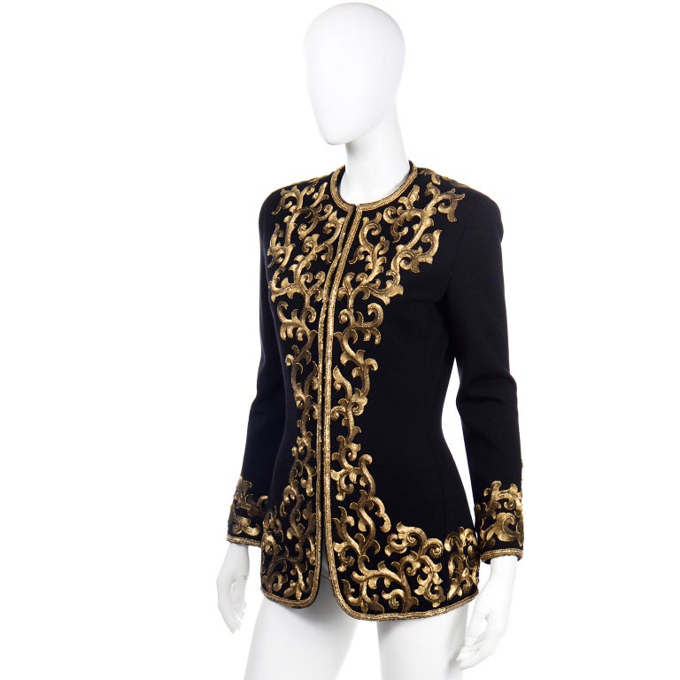 Donna Karan Vintage Black Beaded Embroidered Gold Stacked Sequin Jacket For Sale 1