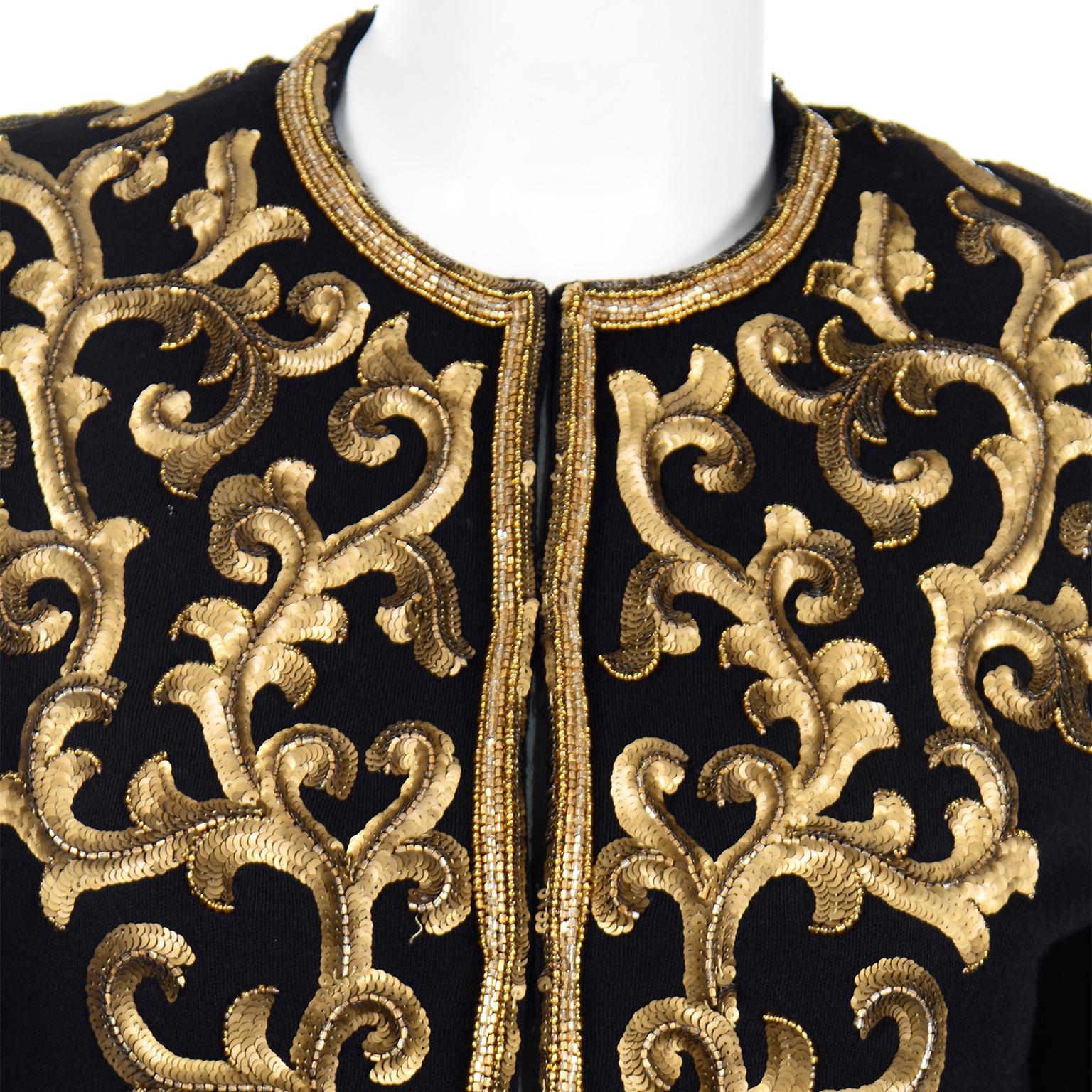 Donna Karan Vintage Black Beaded Embroidered Gold Stacked Sequin Jacket In Excellent Condition In Portland, OR