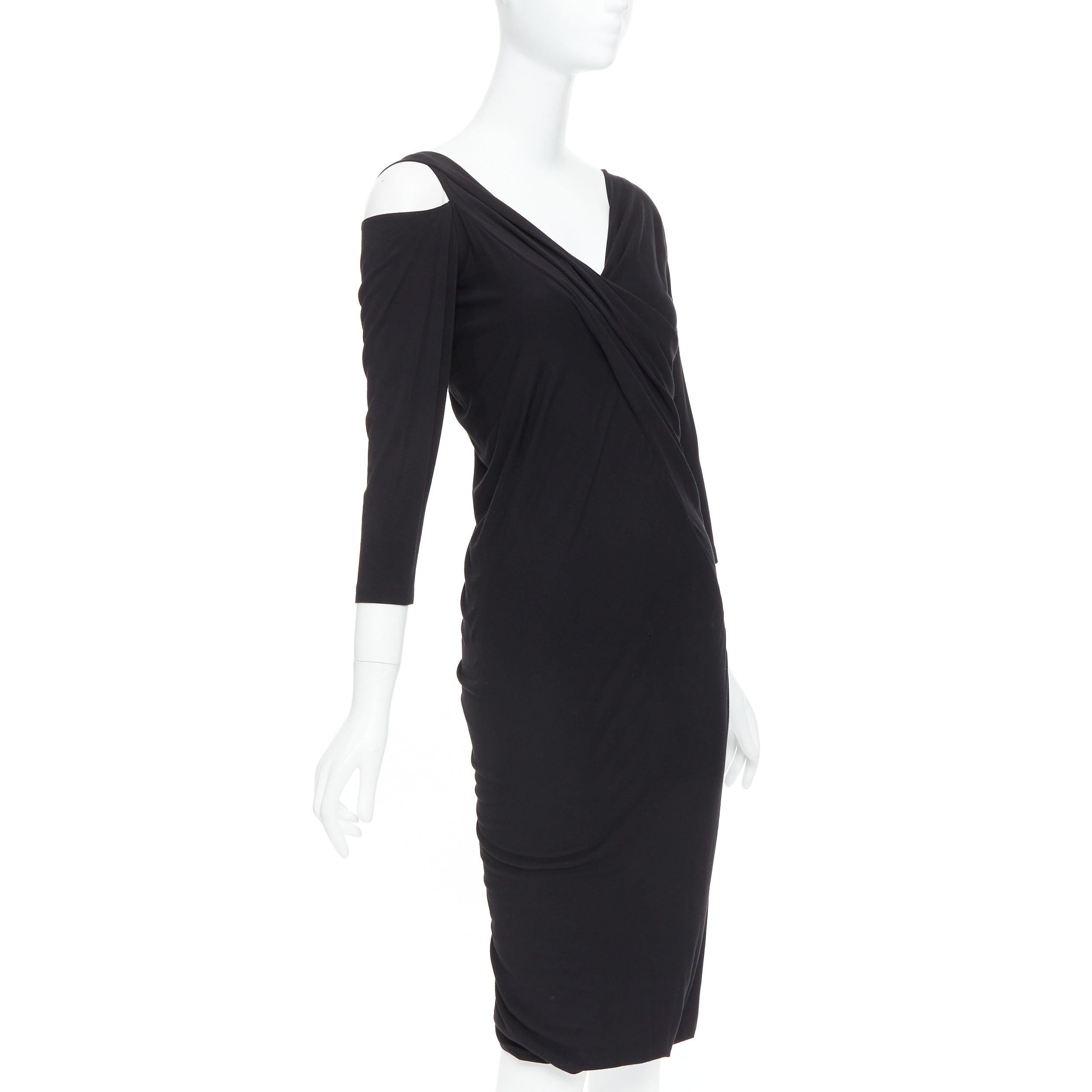 Nero DONNA KARAN Vestito vintage nero con drappeggio anteriore asimmetrico a spalla fredda L in vendita