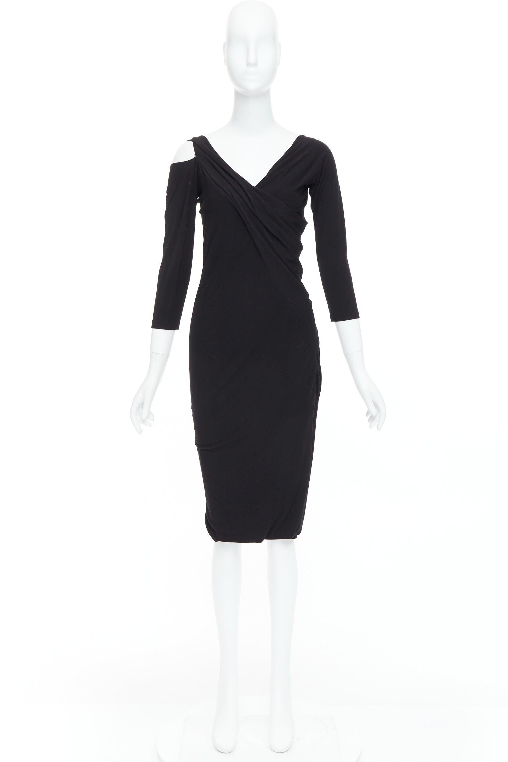DONNA KARAN Vestito vintage nero con drappeggio anteriore asimmetrico a spalla fredda L in vendita 4