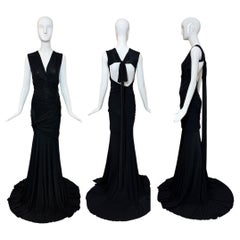 DONNA KARAN Vintage Black Ruched Extra Long Open Back Evening Gown Maxi Dress