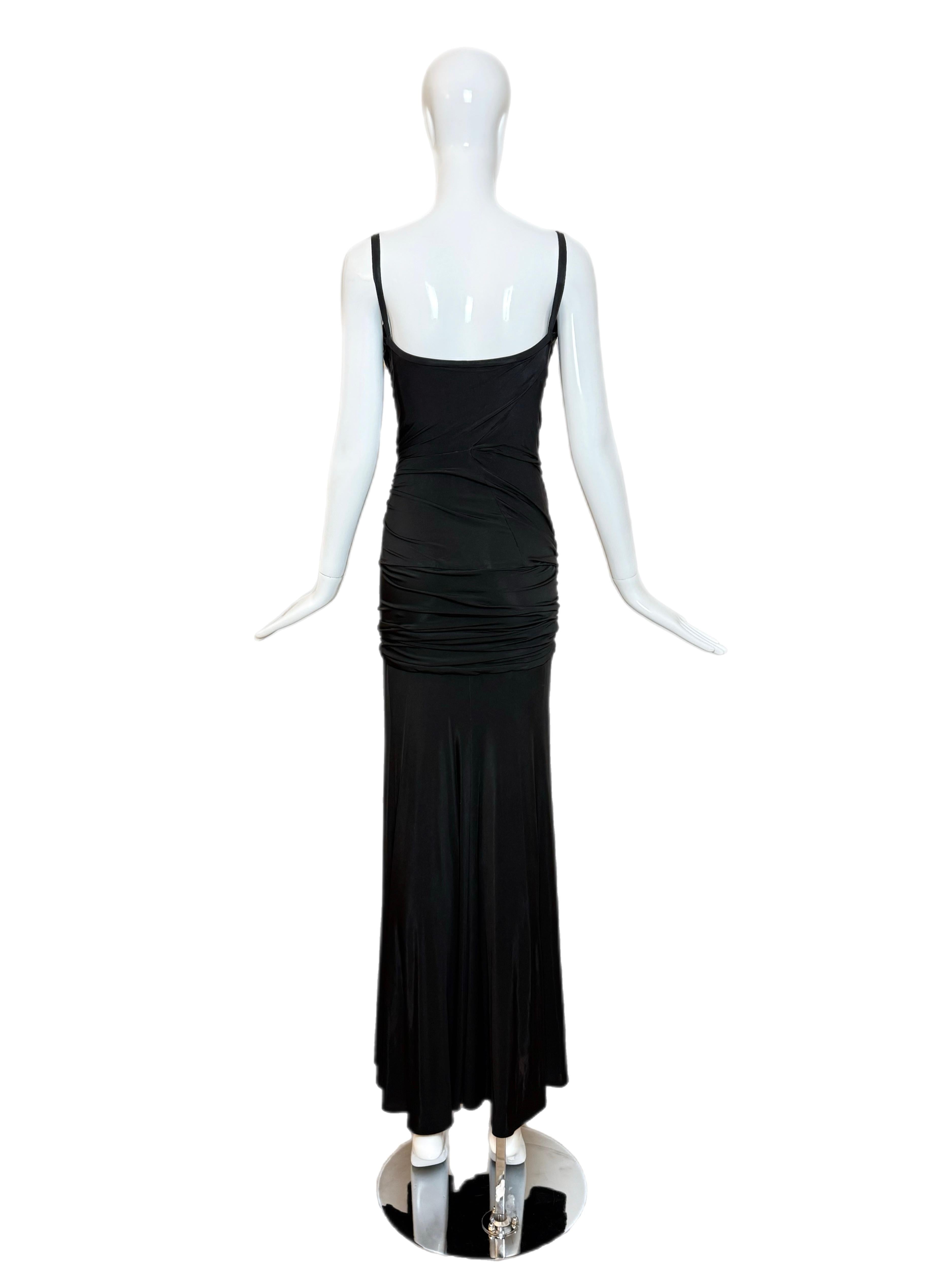 Donna Karan
Vintage
c. 2004/2005
Jet black
Ruched 
Knotted
Flattering / Easy to wear
Pullover
Cups added
Straps taken up, but can be let back out
Size M but fits XS/S
Measurements in inches laying flat: length 59, pit to pit 15 to 16.5, smallest of