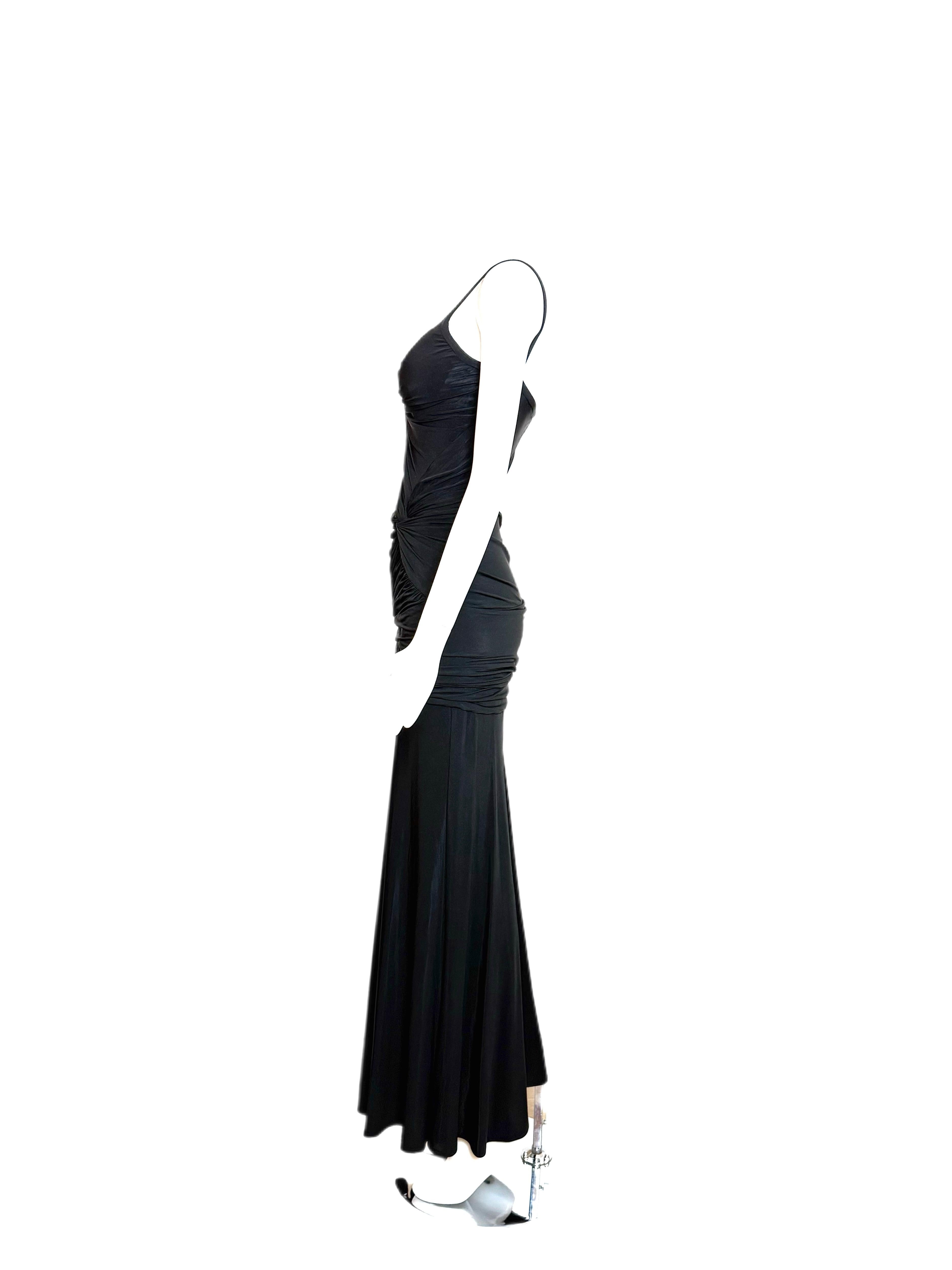 Nero DONNA KARAN Vintage Black Ruched Knotted Evening Gown in vendita