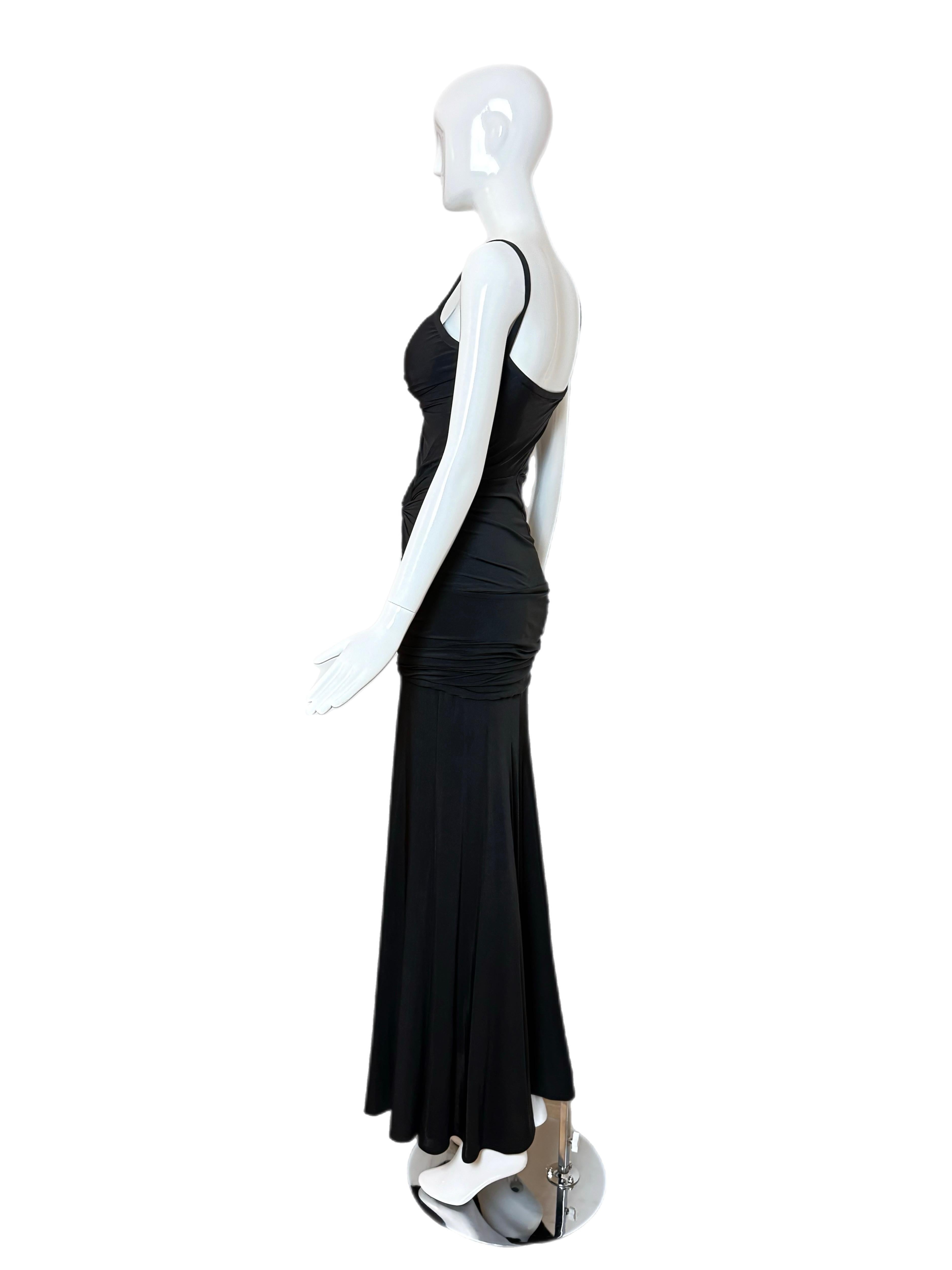 DONNA KARAN Vintage Black Ruched Knotted Evening Gown in vendita 1