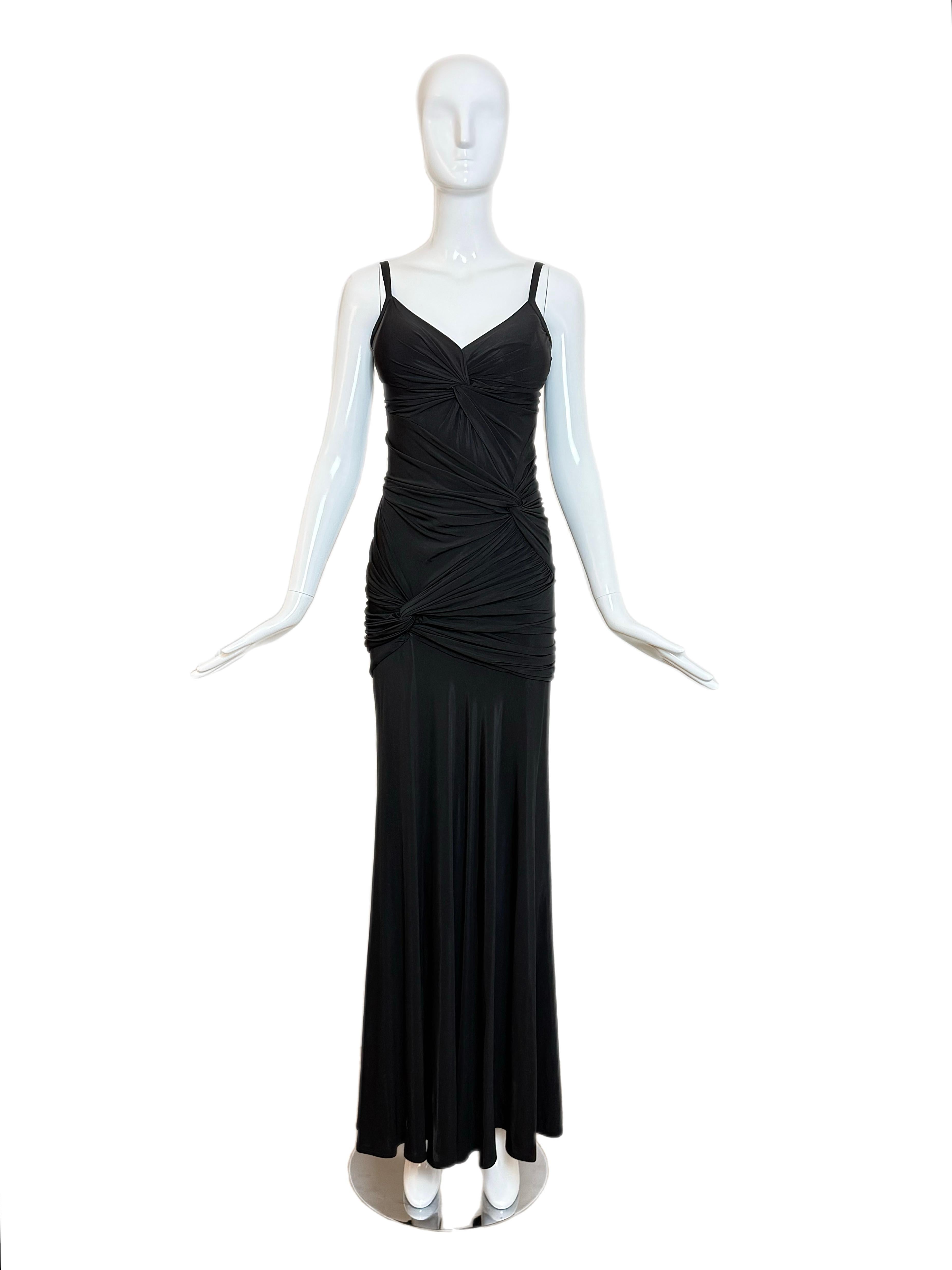 DONNA KARAN Vintage Black Ruched Knotted Evening Gown in vendita 2