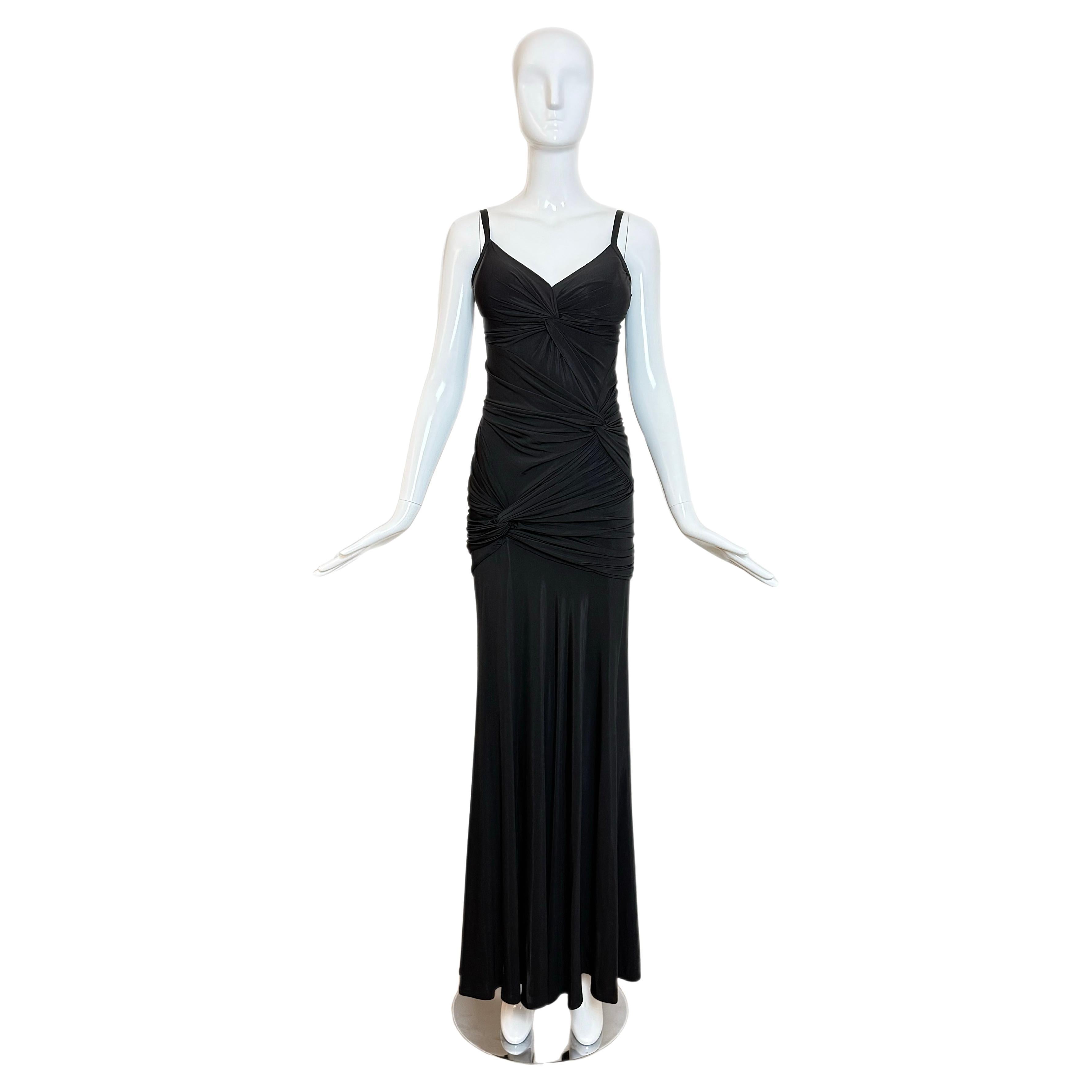 DONNA KARAN Vintage Black Ruched Knotted Evening Gown
