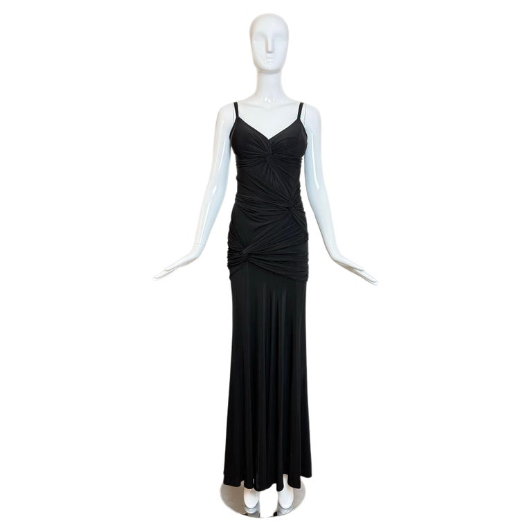 DONNA KARAN Vintage Black Ruched Knotted Evening Gown For Sale at 1stDibs