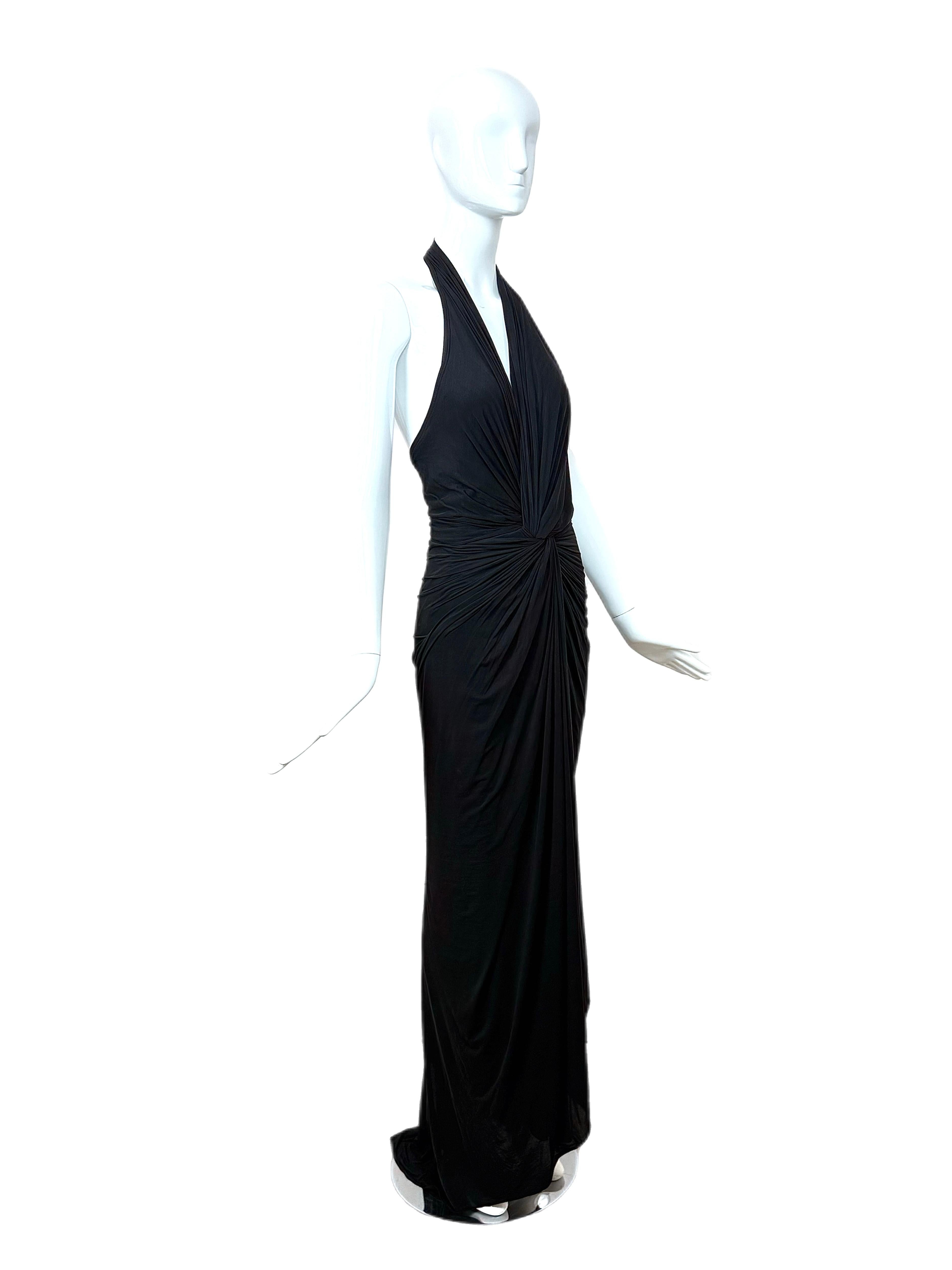 Women's DONNA KARAN Vintage Black Ruched Knotted Halter Evening Gown Maxi Dress