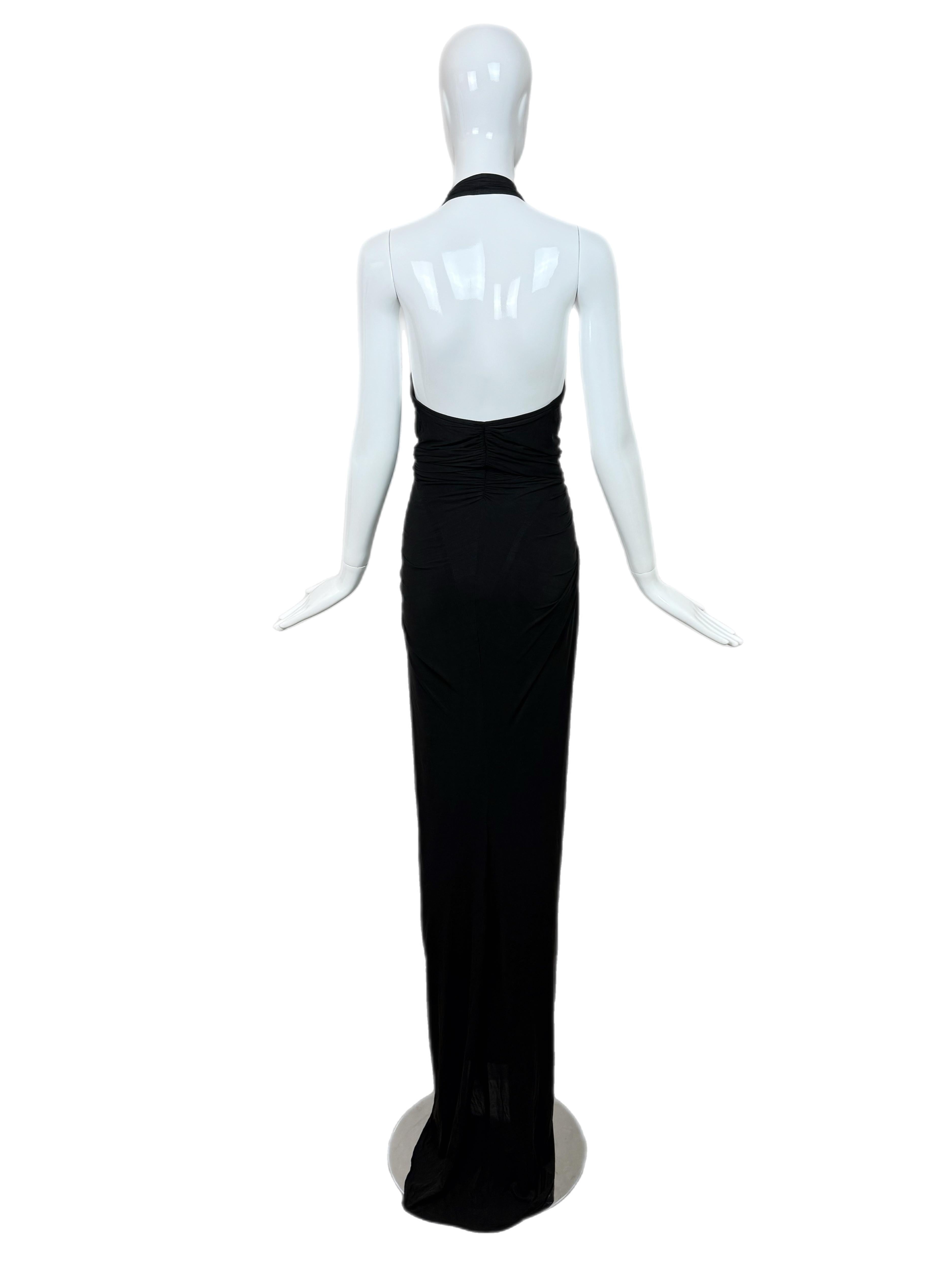 DONNA KARAN Vintage Black Ruched Knotted Halter Evening Gown Maxi Dress 1