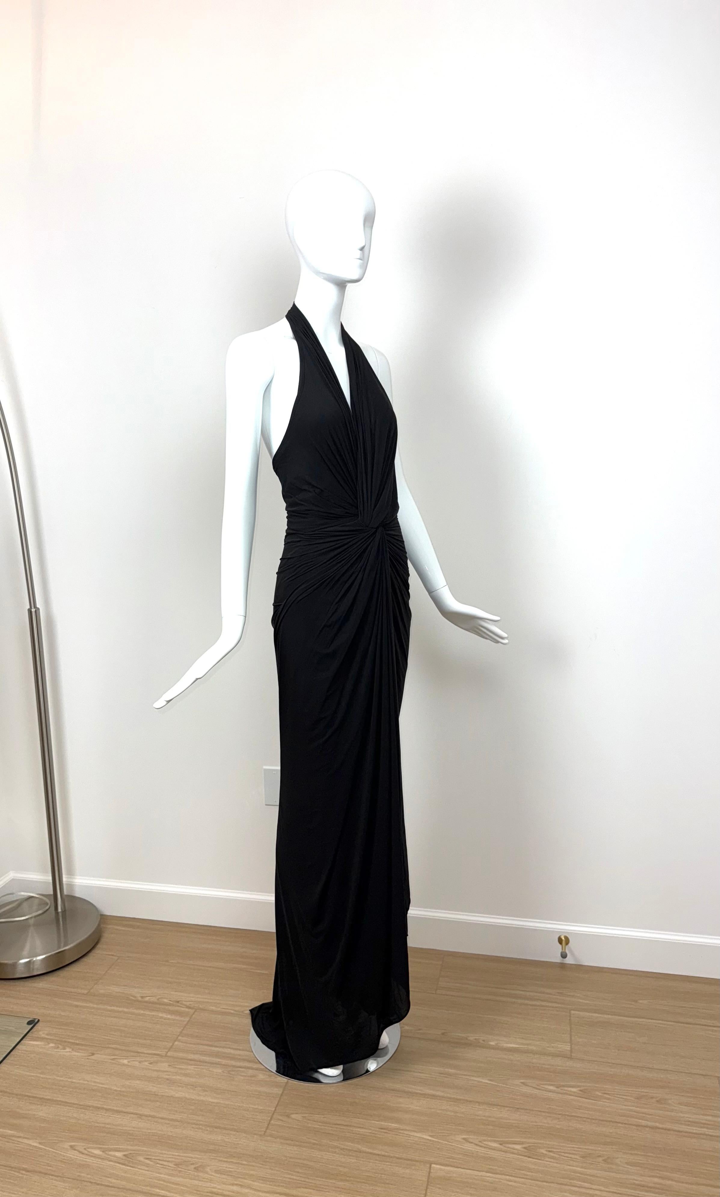 DONNA KARAN Vintage Black Ruched Knotted Halter Evening Gown Maxi Dress 3