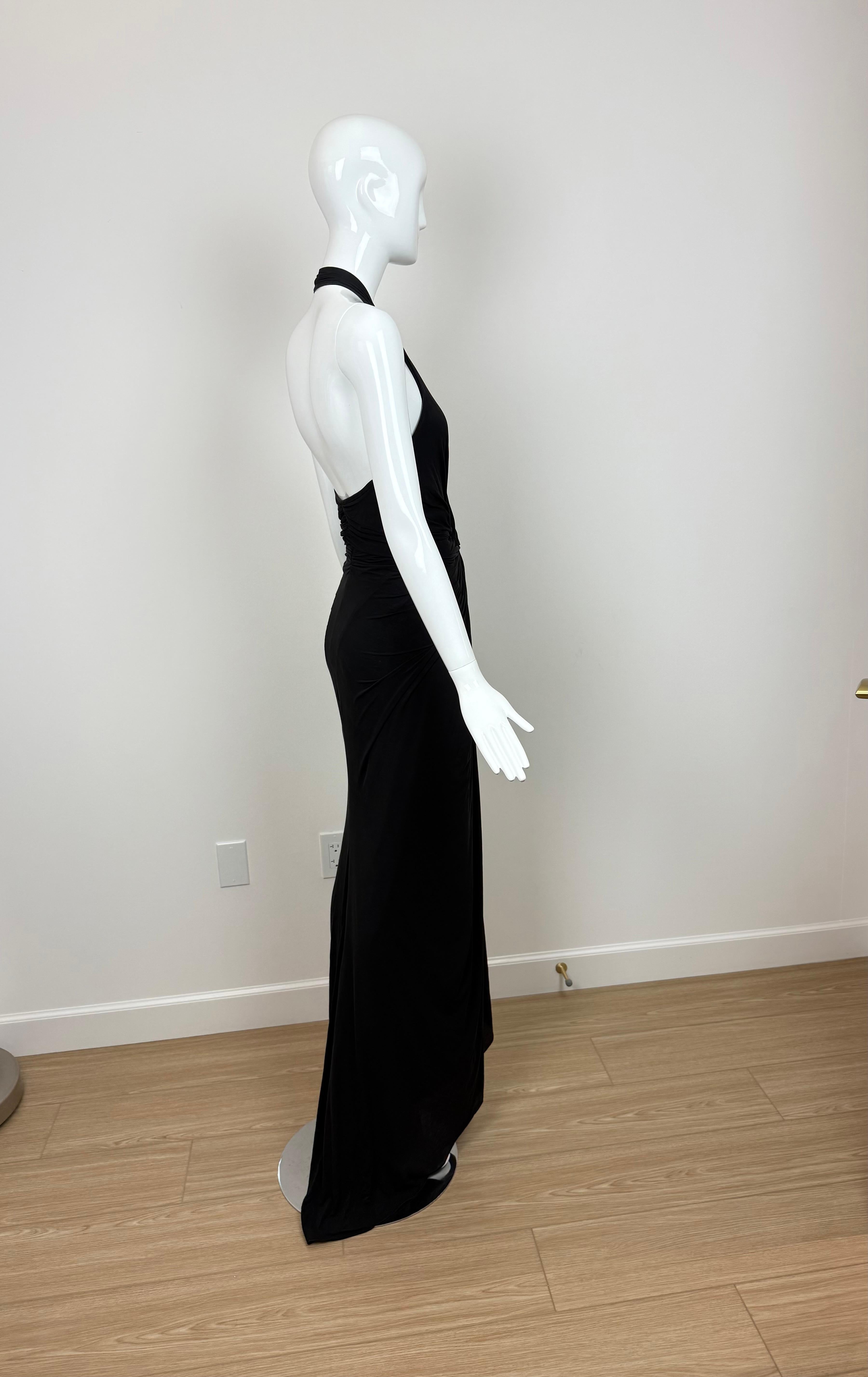 DONNA KARAN Vintage Black Ruched Knotted Halter Evening Gown Maxi Dress 4