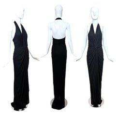 DONNA KARAN Vintage Black Ruched Knotted Halter Evening Gown Maxi Dress