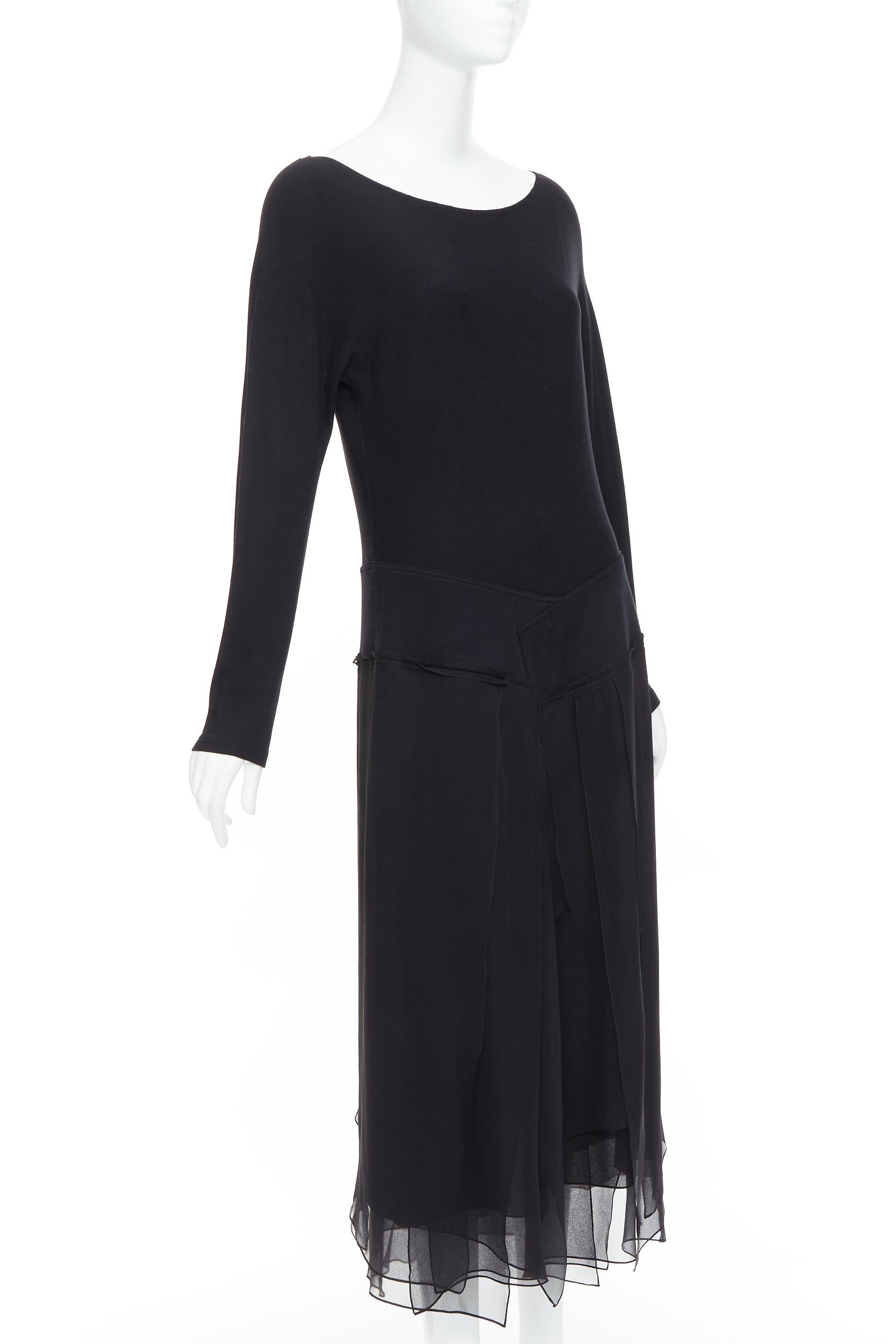 Black DONNA KARAN Vintage black silk trimmed viscose wool boxy midi dress L For Sale