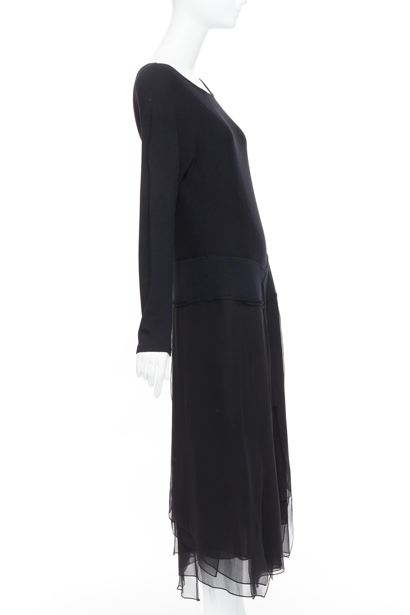 DONNA KARAN Vintage black silk trimmed viscose wool boxy midi dress L In Good Condition For Sale In Hong Kong, NT