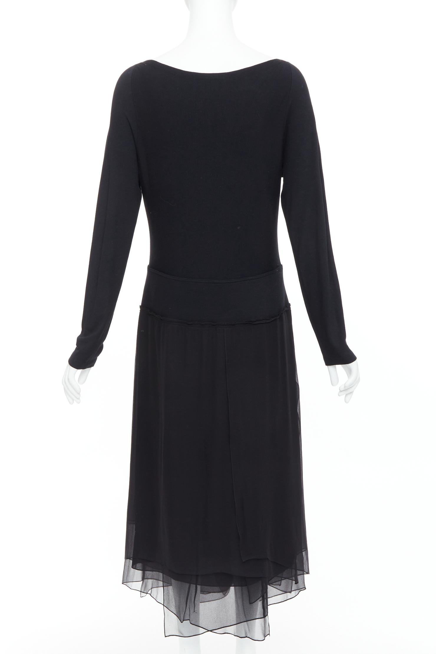 Women's DONNA KARAN Vintage black silk trimmed viscose wool boxy midi dress L For Sale