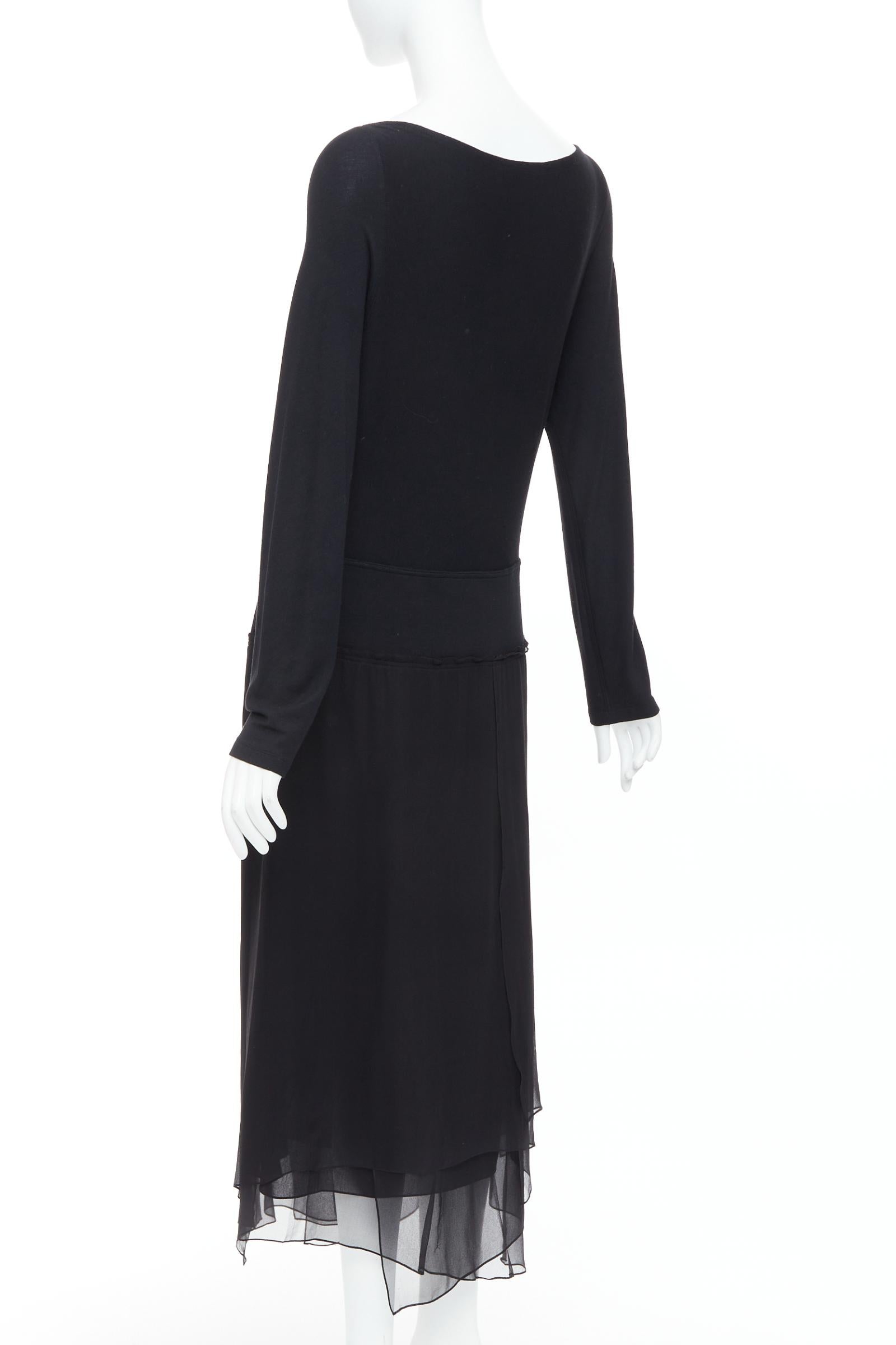 DONNA KARAN Vintage black silk trimmed viscose wool boxy midi dress L For Sale 1