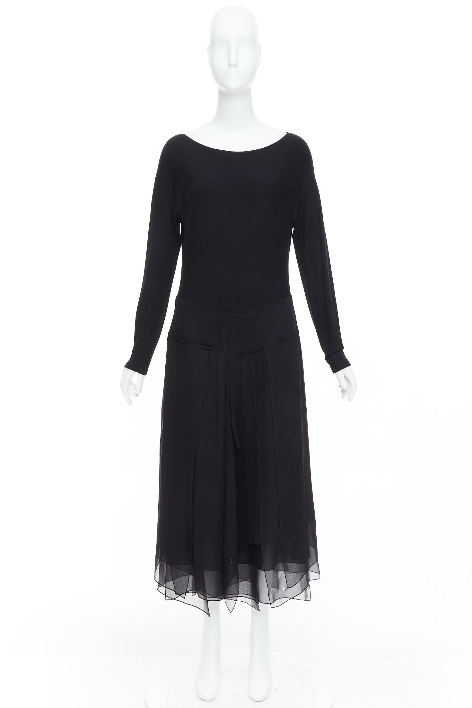 DONNA KARAN Vintage black silk trimmed viscose wool boxy midi dress L For Sale 4