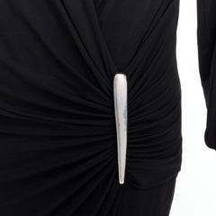 DONNA KARAN Vintage black viscose blend plunge silver buckle drape midi dress L