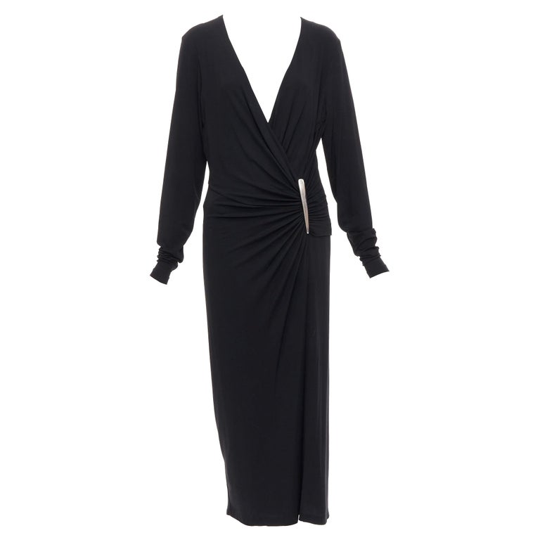 DONNA KARAN Vintage black viscose blend plunge silver buckle drape midi dress L For Sale at 1stDibs DONNA KARAN Vintage black viscose blend plunge silver buckle drape midi dress L For Sale at 1stDibs