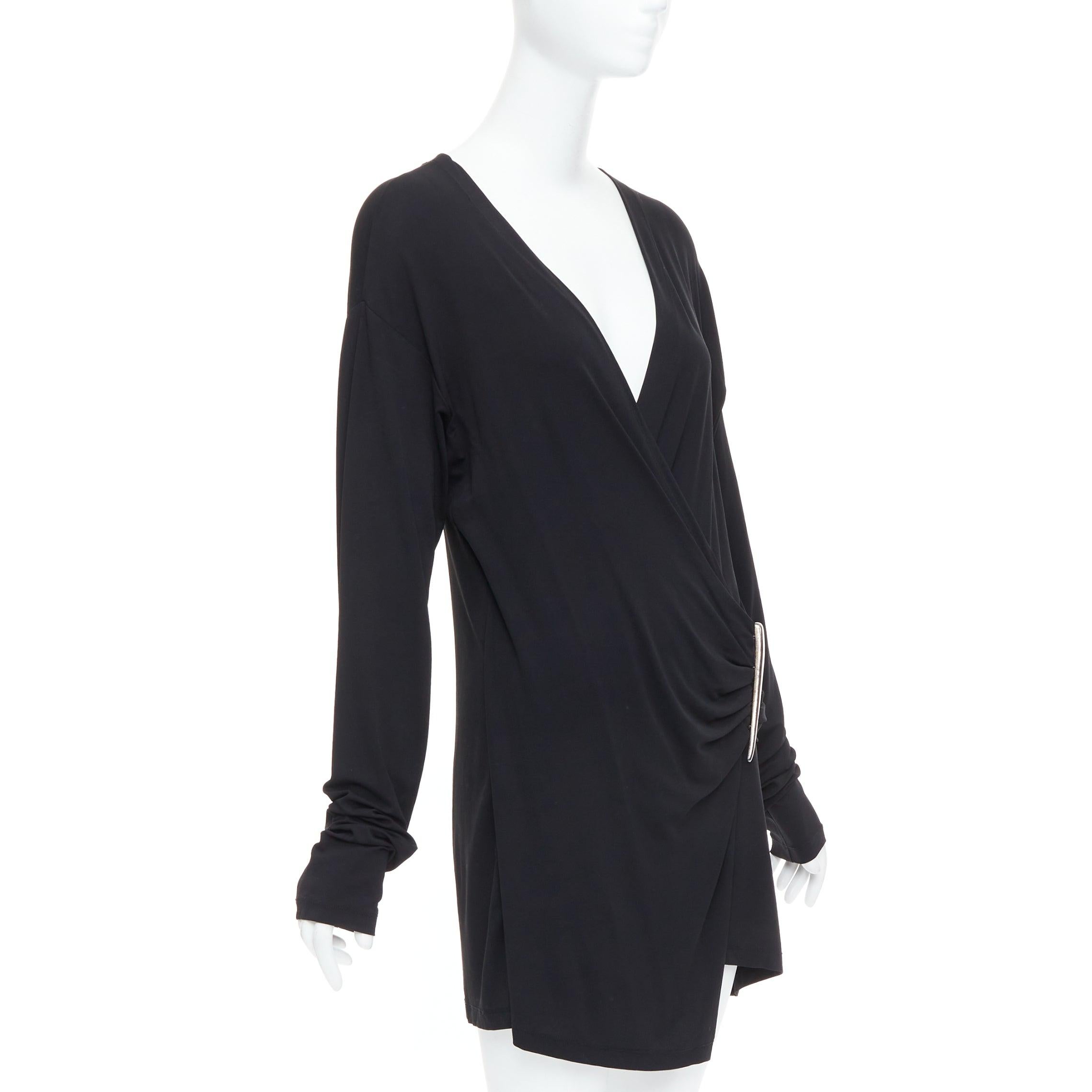 Black DONNA KARAN Vintage black viscose blend V neck silver buckle drape mini dress L For Sale