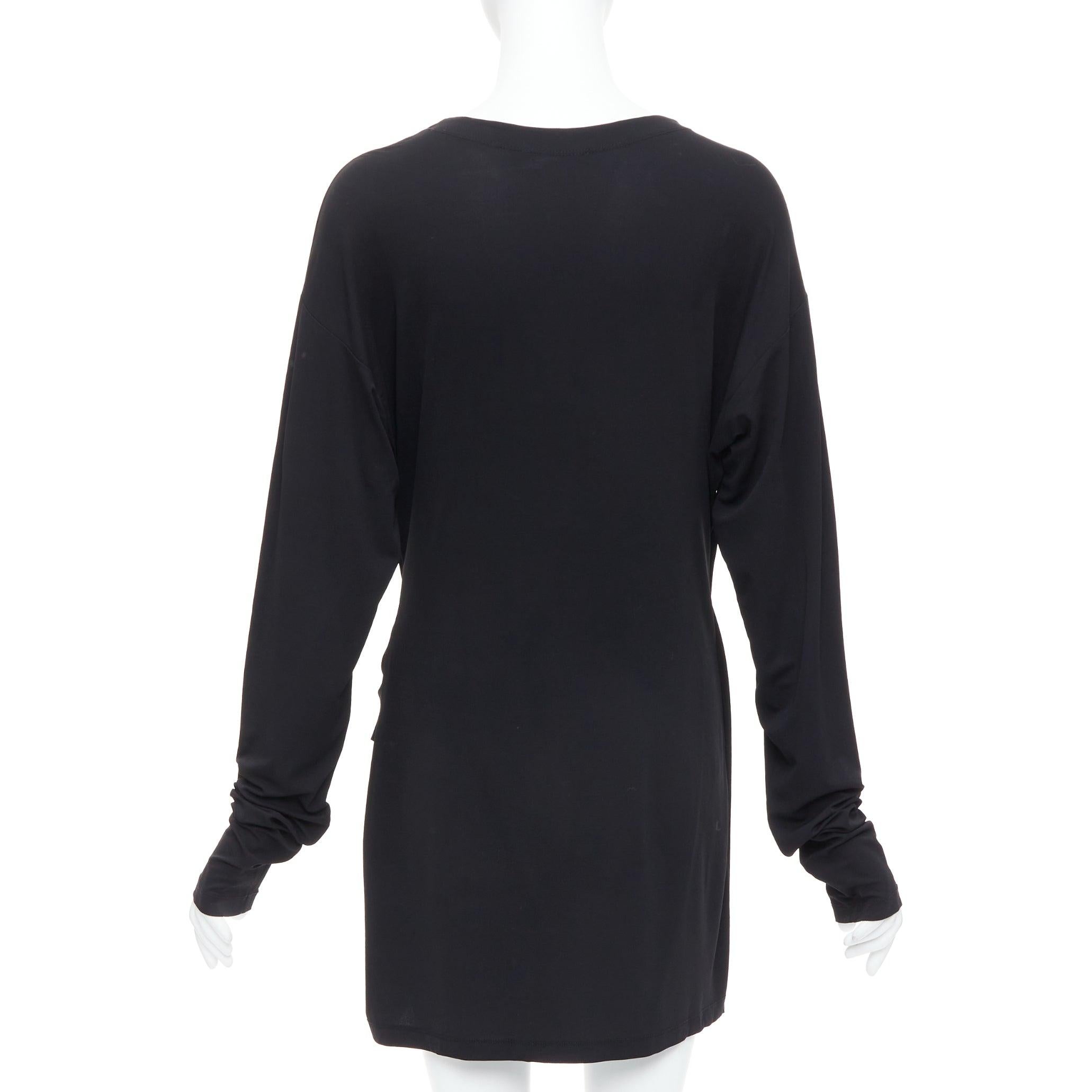 Women's DONNA KARAN Vintage black viscose blend V neck silver buckle drape mini dress L For Sale