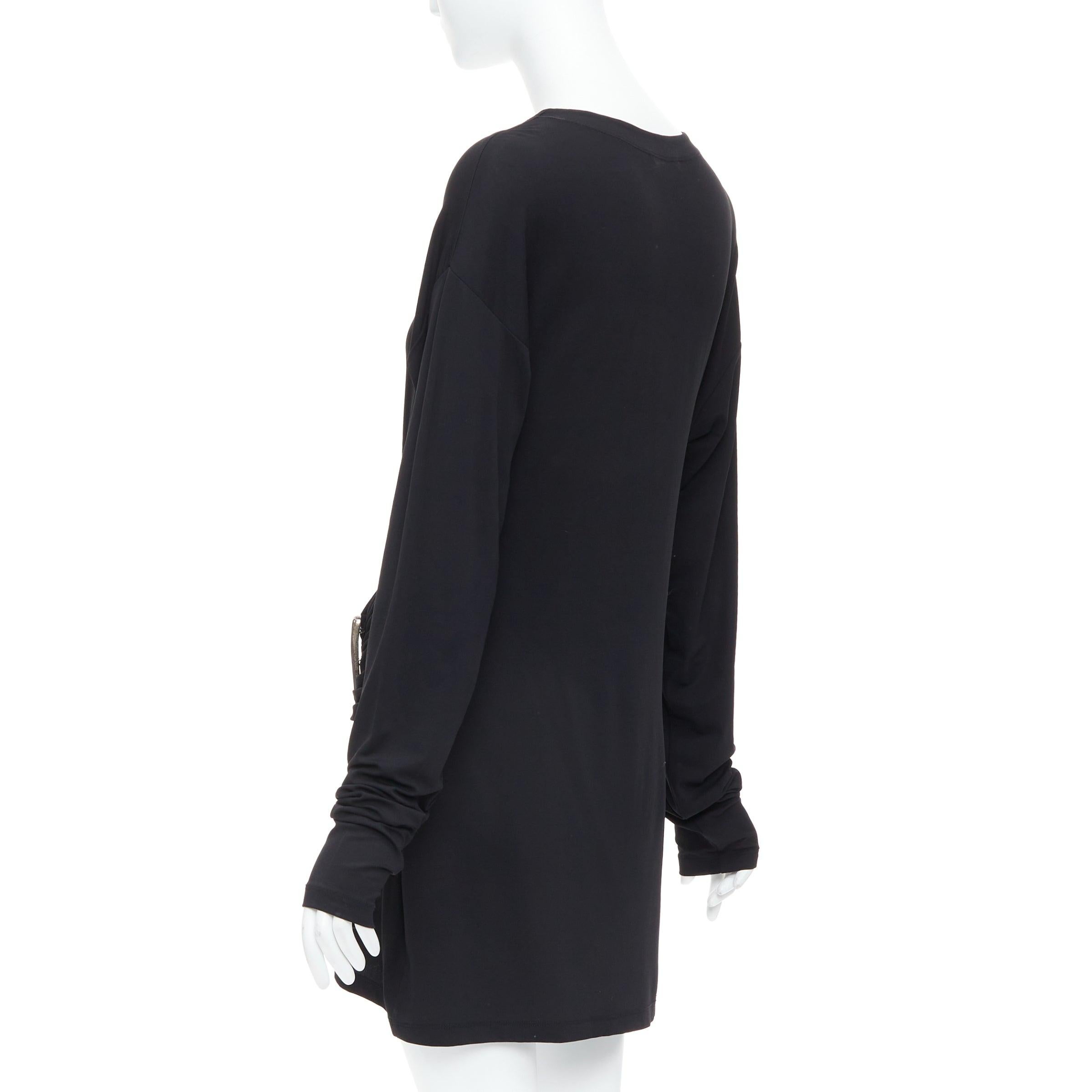 DONNA KARAN Vintage black viscose blend V neck silver buckle drape mini dress L For Sale 1