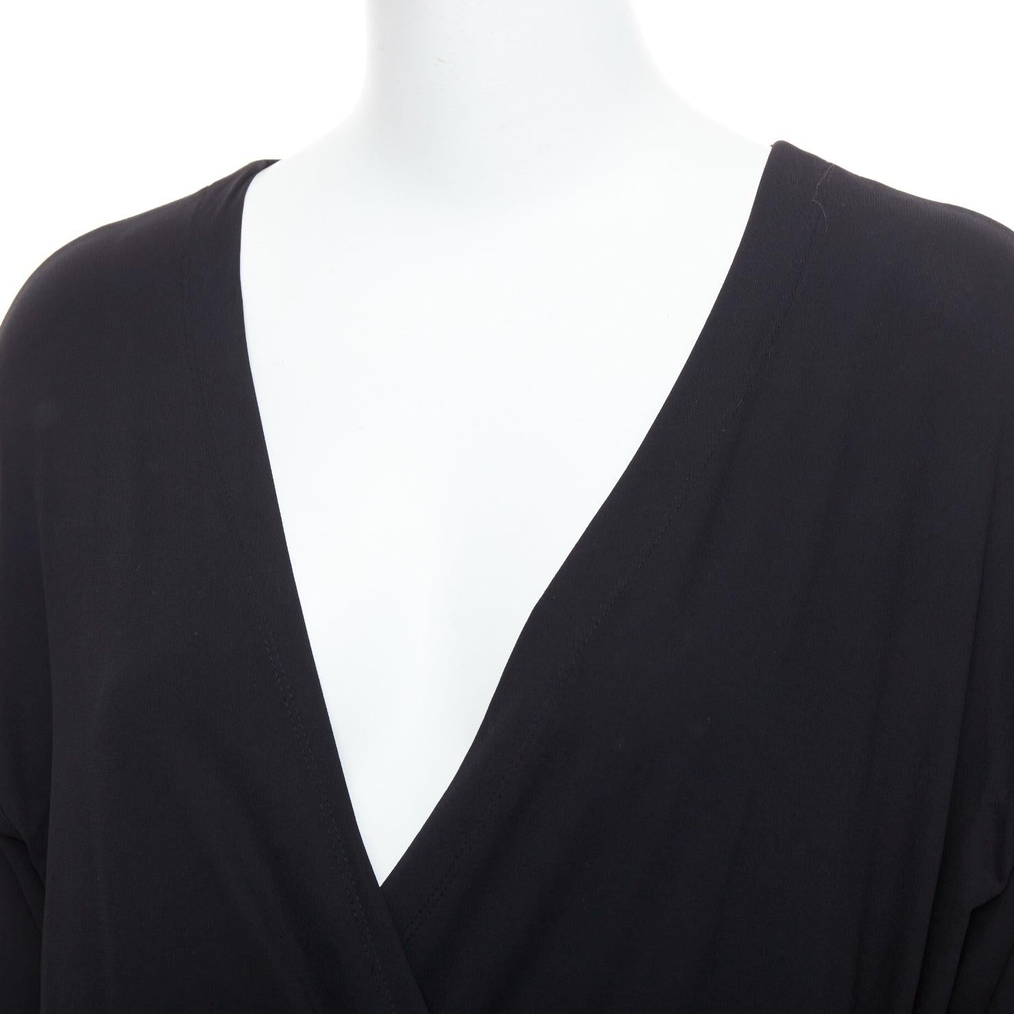 DONNA KARAN Vintage black viscose blend V neck silver buckle drape mini dress L For Sale 2