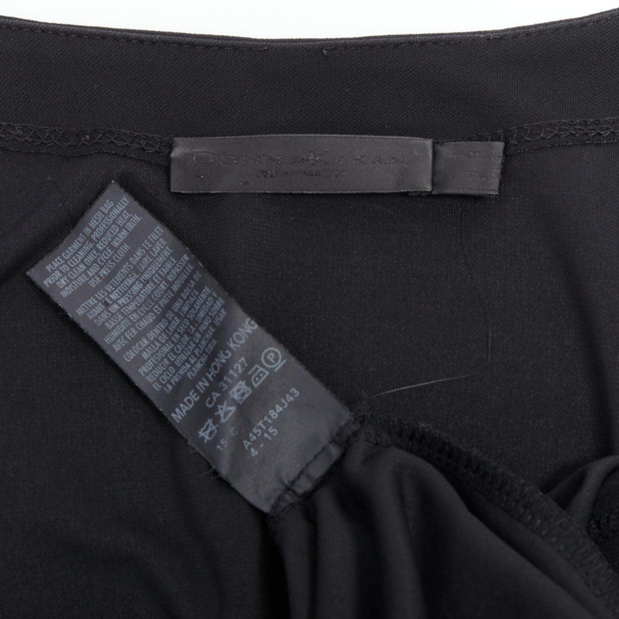 DONNA KARAN Vintage black viscose blend V neck silver buckle drape mini dress L For Sale 3