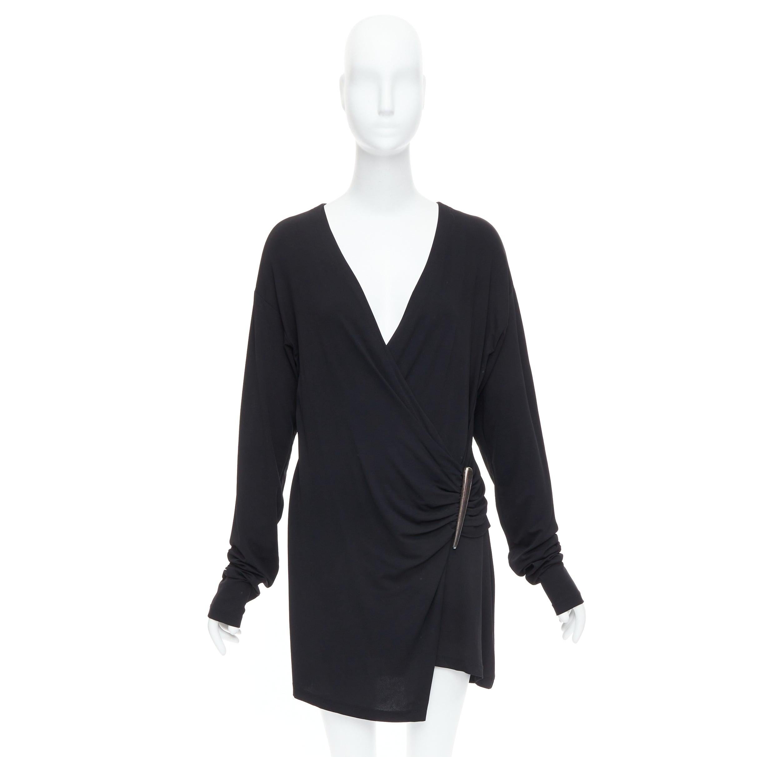 DONNA KARAN Vintage black viscose blend V neck silver buckle drape mini dress L For Sale 4