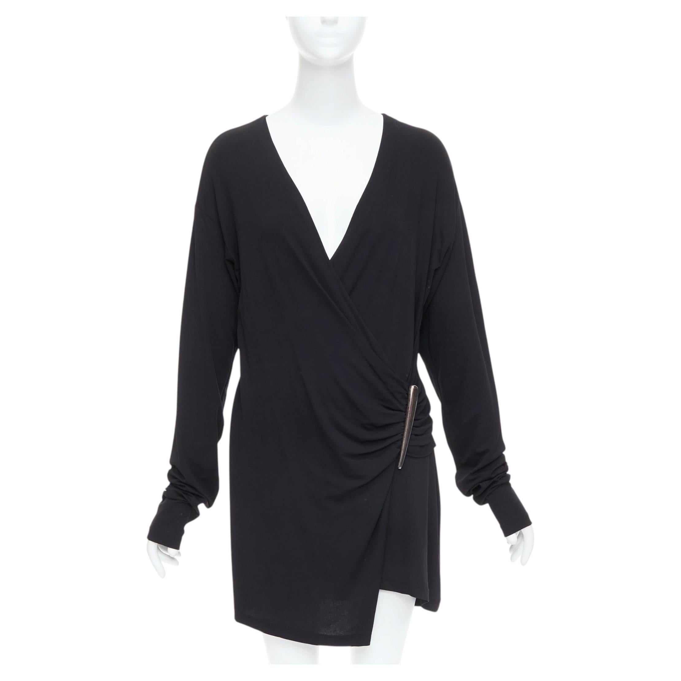 DONNA KARAN Vintage black viscose blend V neck silver buckle drape mini dress L For Sale