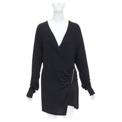 DONNA KARAN Vintage black viscose blend V neck silver buckle drape mini dress L