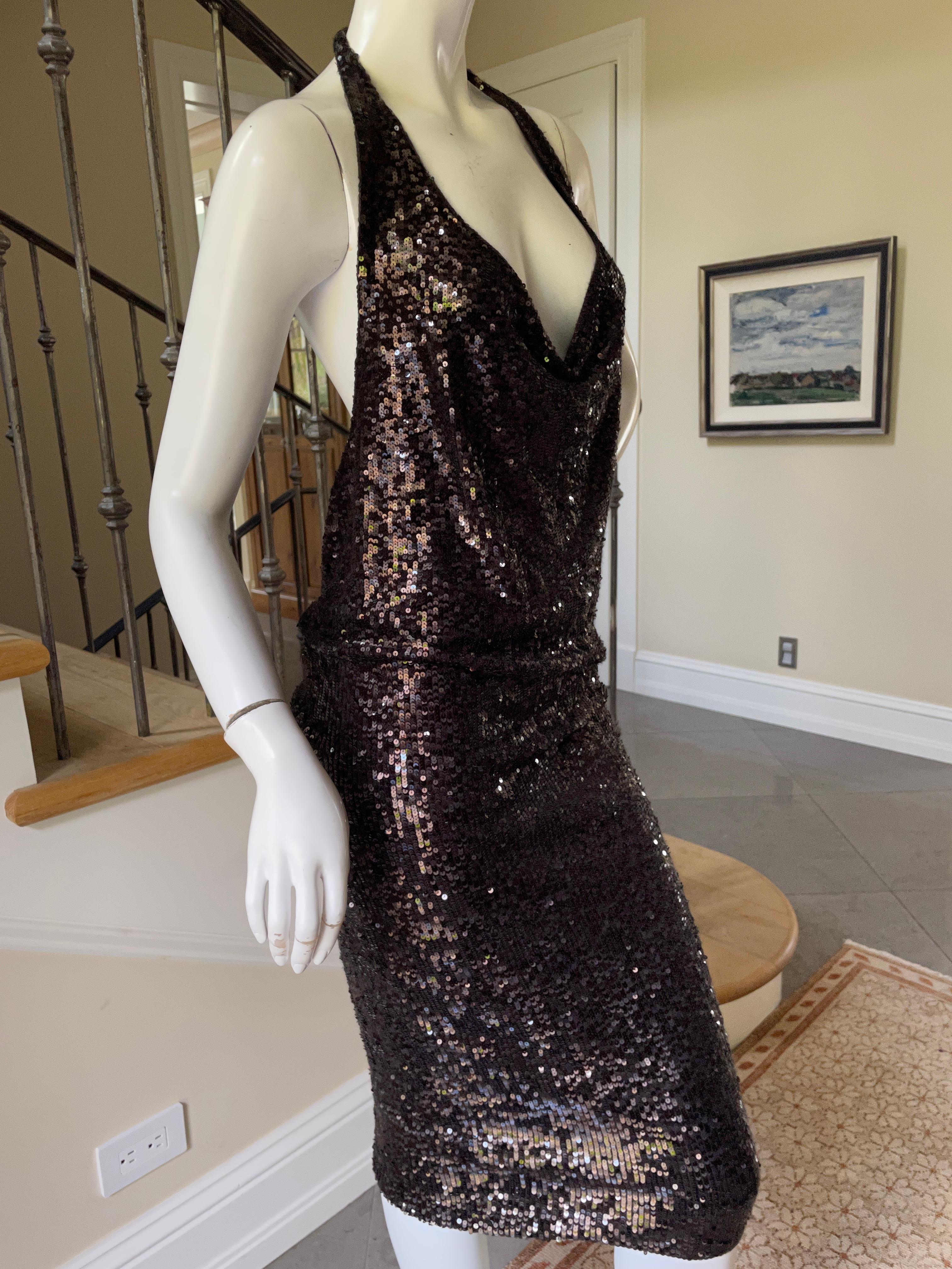 Black Donna Karan Vintage Brown Cashmere Sequin Halter Dress with Plunging Back