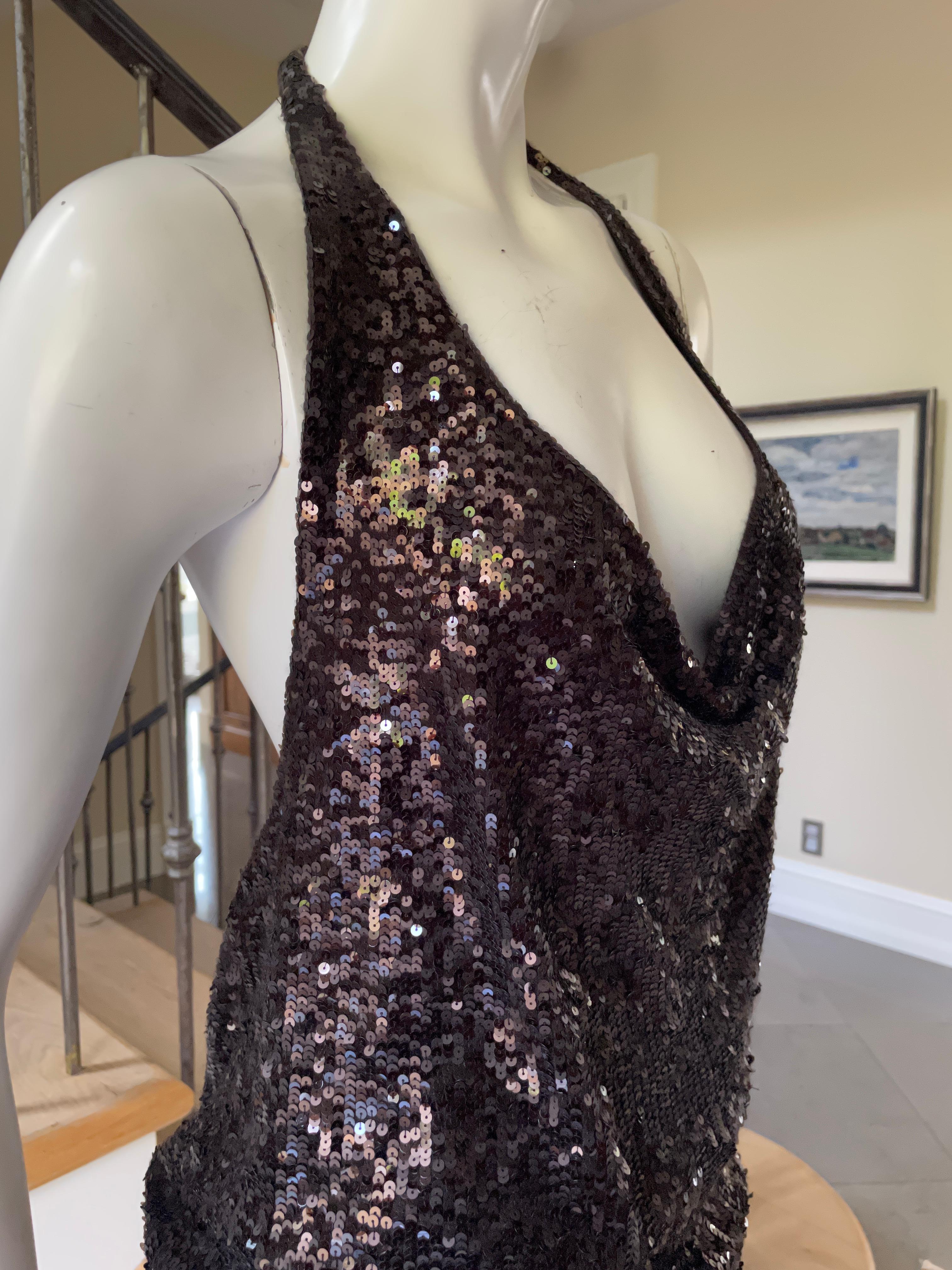 Donna Karan Vintage Brown Cashmere Sequin Halter Dress with Plunging Back In Good Condition In Cloverdale, CA