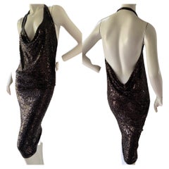 Donna Karan Vintage Brown Cashmere Sequin Halter Dress with Plunging Back