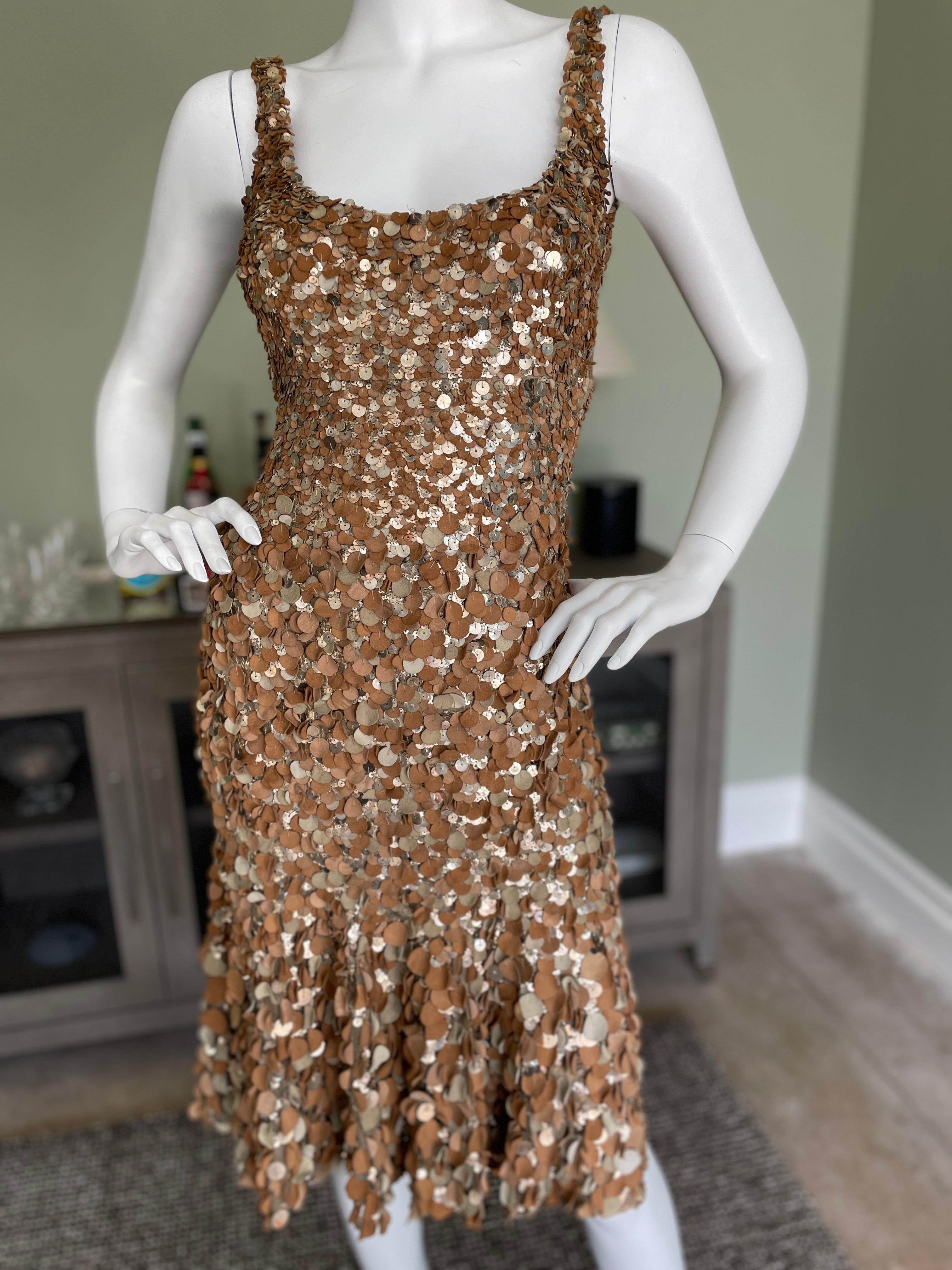 Donna Karan Vintage Cocktail Dress w Leather and Metal Fish Scale Sequin Details
  This is so pretty. metal and suede fish scale sequins, really remarkable workmanship.
 Size M
 Bust 36