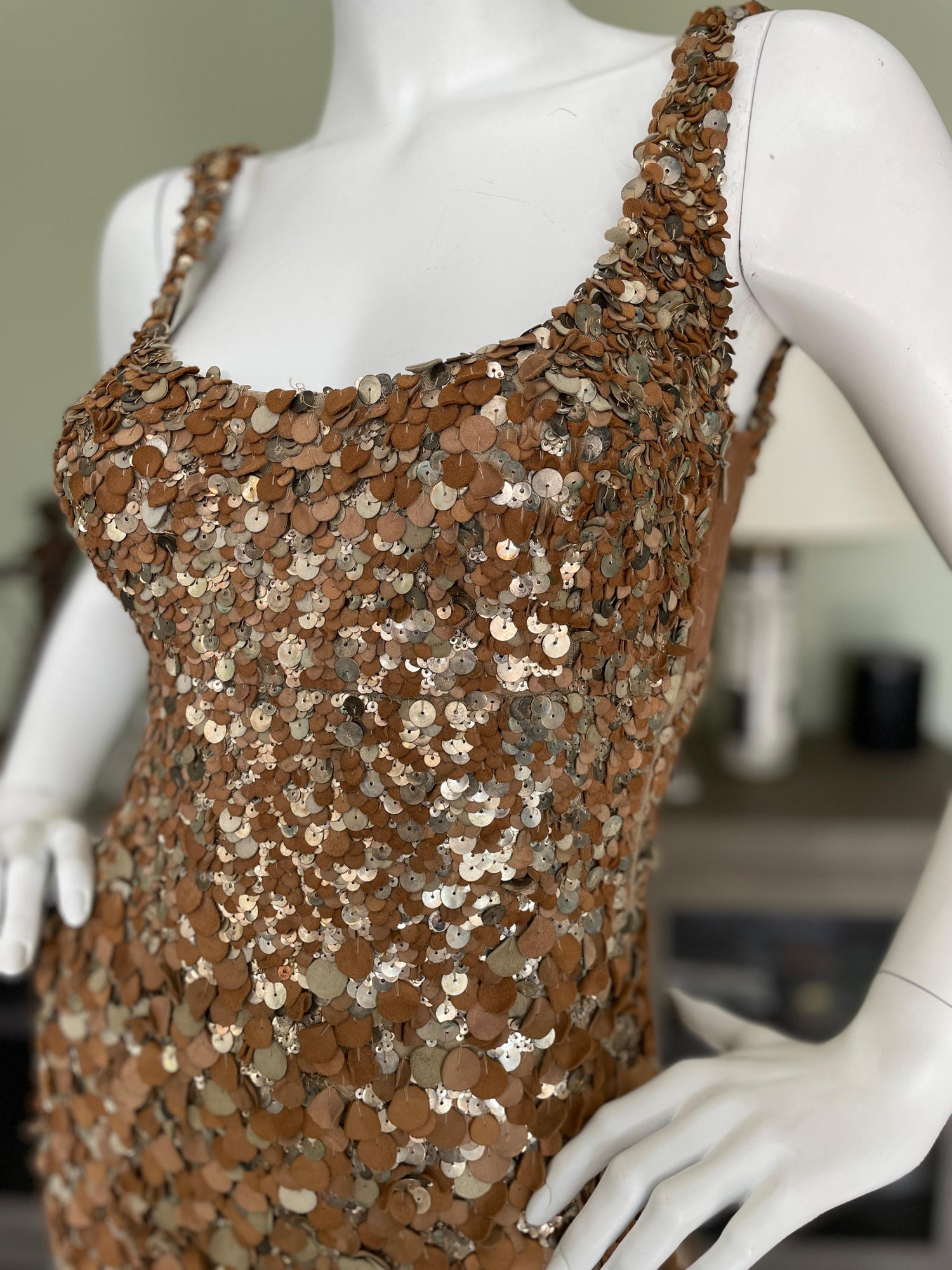 Donna Karan Vintage Cocktail Dress w Leather and Metal Fish Scale Sequin  Detail at 1stDibs