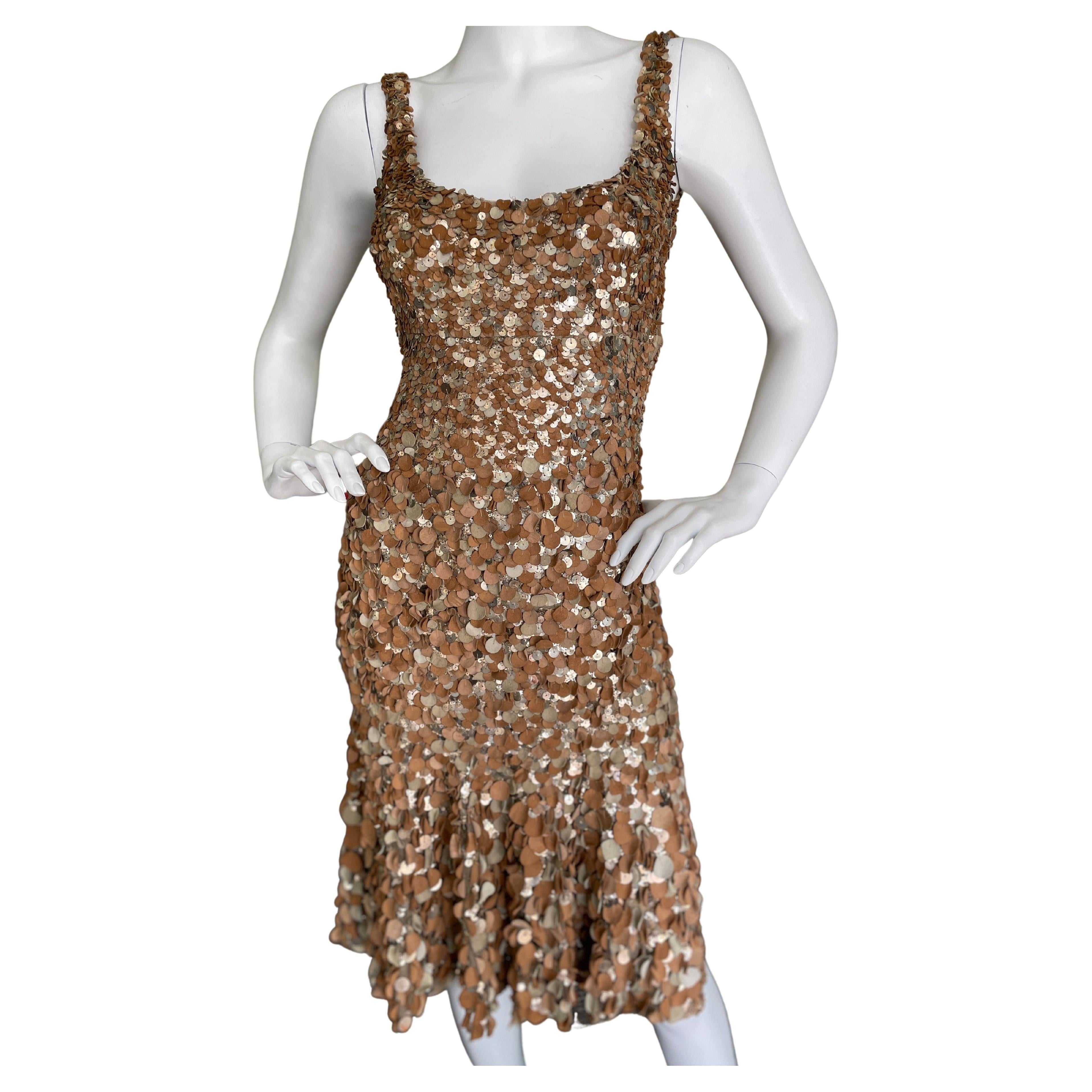Donna Karan Vintage Cocktail Dress w Leather and Metal Fish Scale Sequin Detail 
