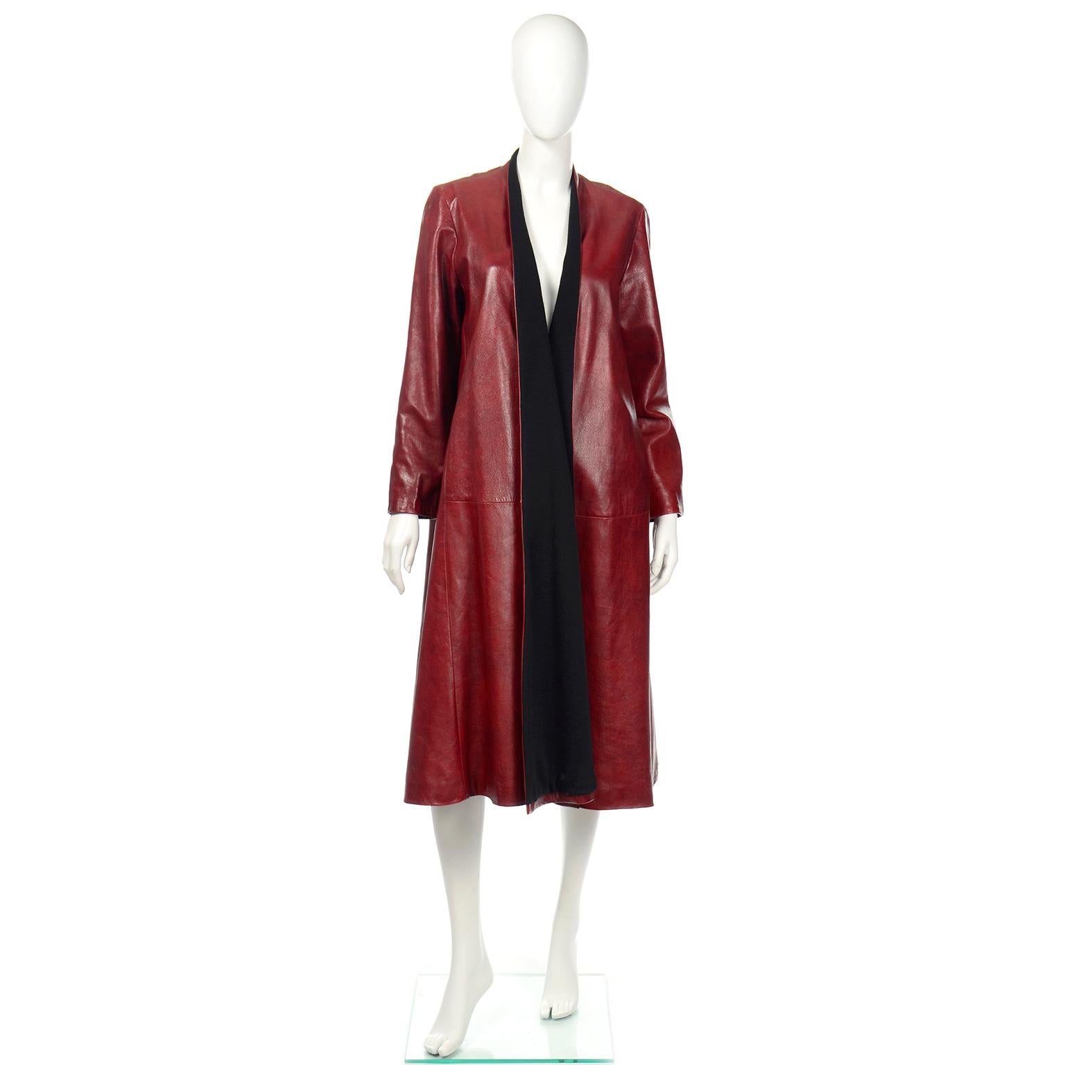 This is a sublime 1990's Donna Karan vintage cordovan leather swing coat with black wool lining and silk lined pockets. We love vintage Donna Karan pieces and are always impressed with the quality of construction and materials. Those are things that
