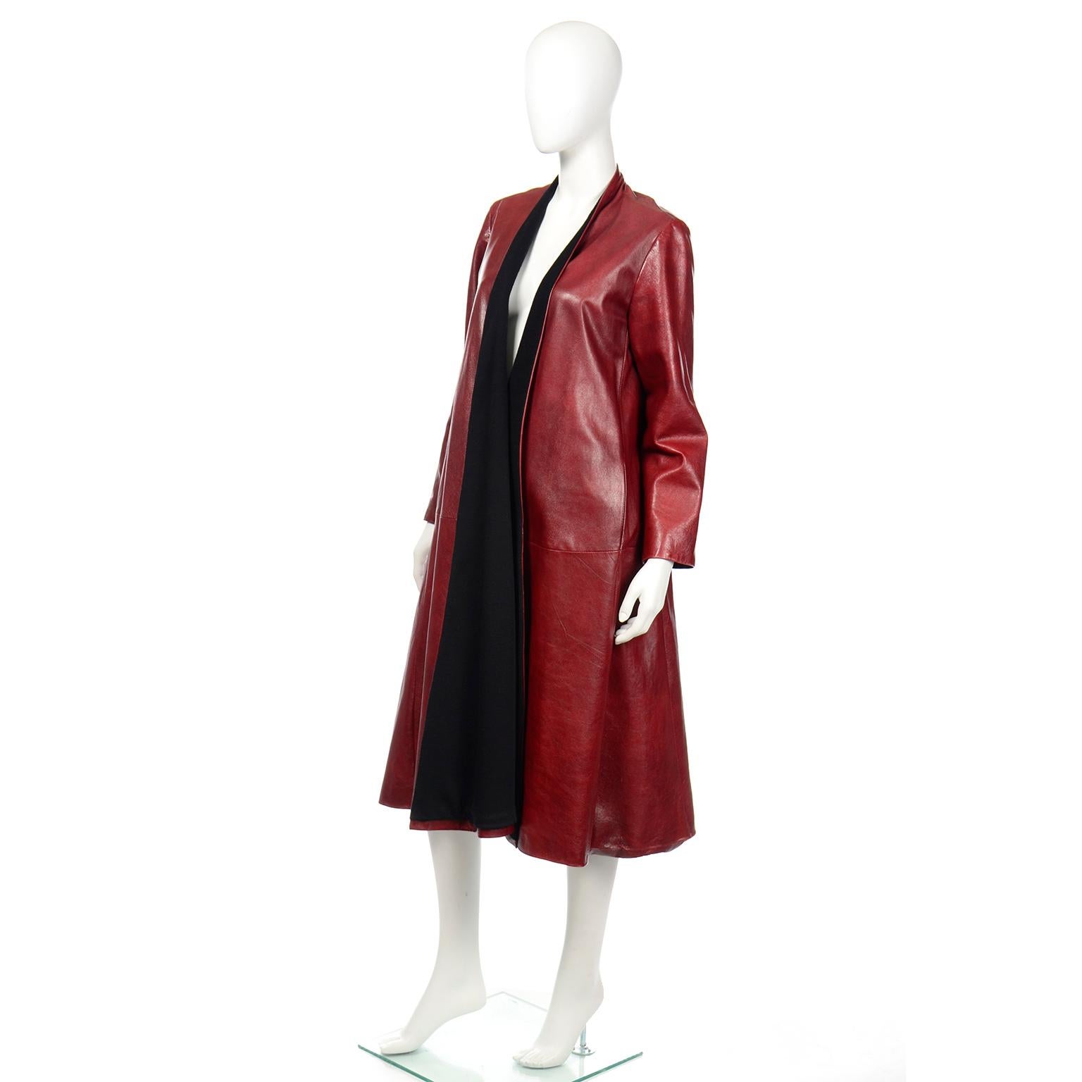 Donna Karan Vintage Cordovan Brown Leather Swing Coat with Wool Lining In Excellent Condition In Portland, OR