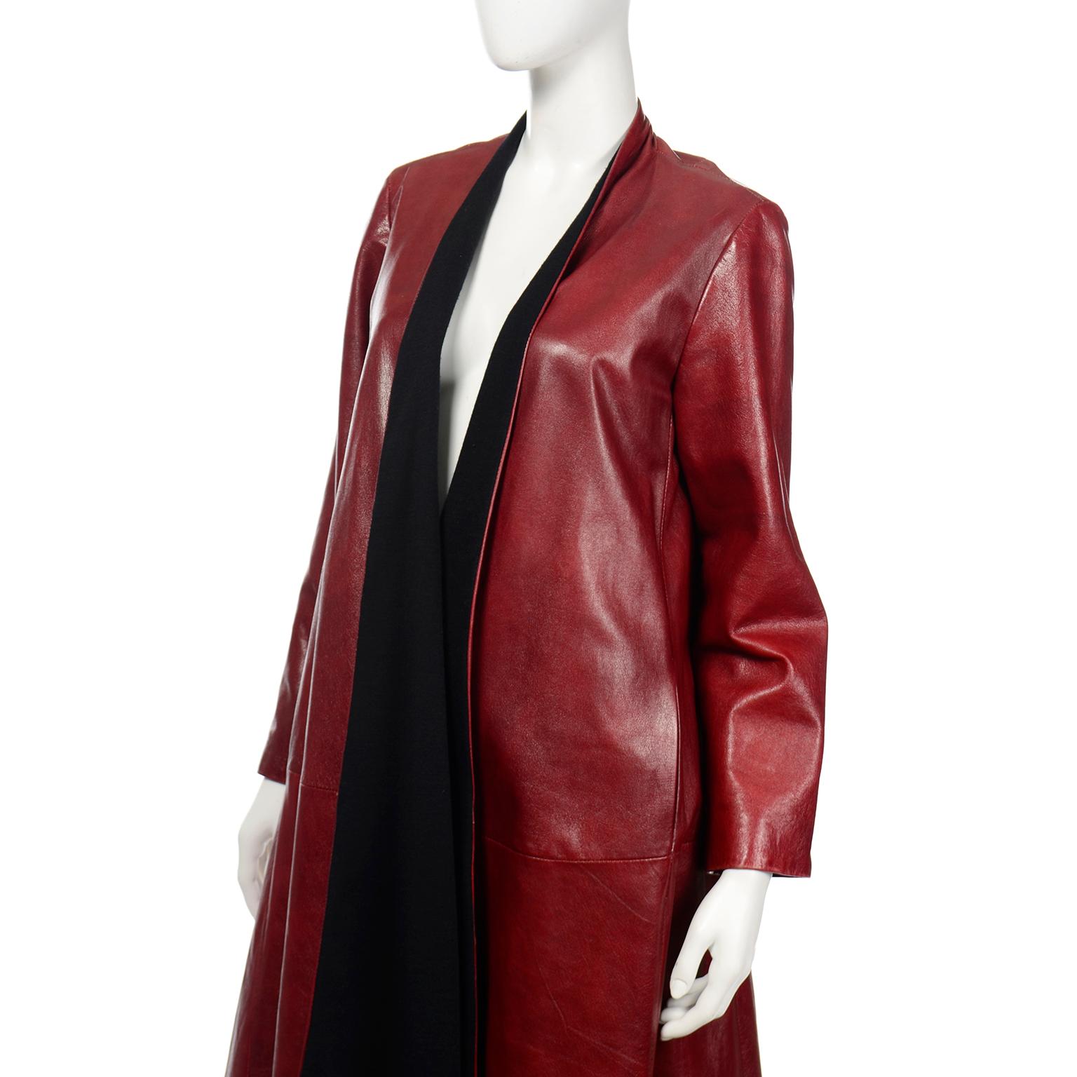 Women's Donna Karan Vintage Cordovan Brown Leather Swing Coat with Wool Lining
