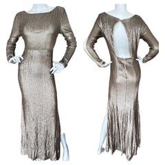 Donna Karan Vintage Dull Gold Sequin Long Sleeve Evening Dress with Sheer Back