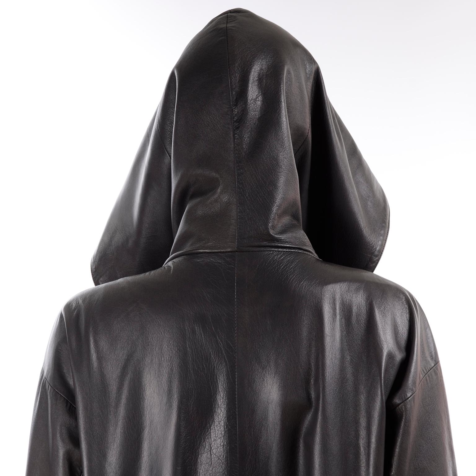 Donna Karan Vintage Gray Leather Swing Coat With Hood & Pockets 6