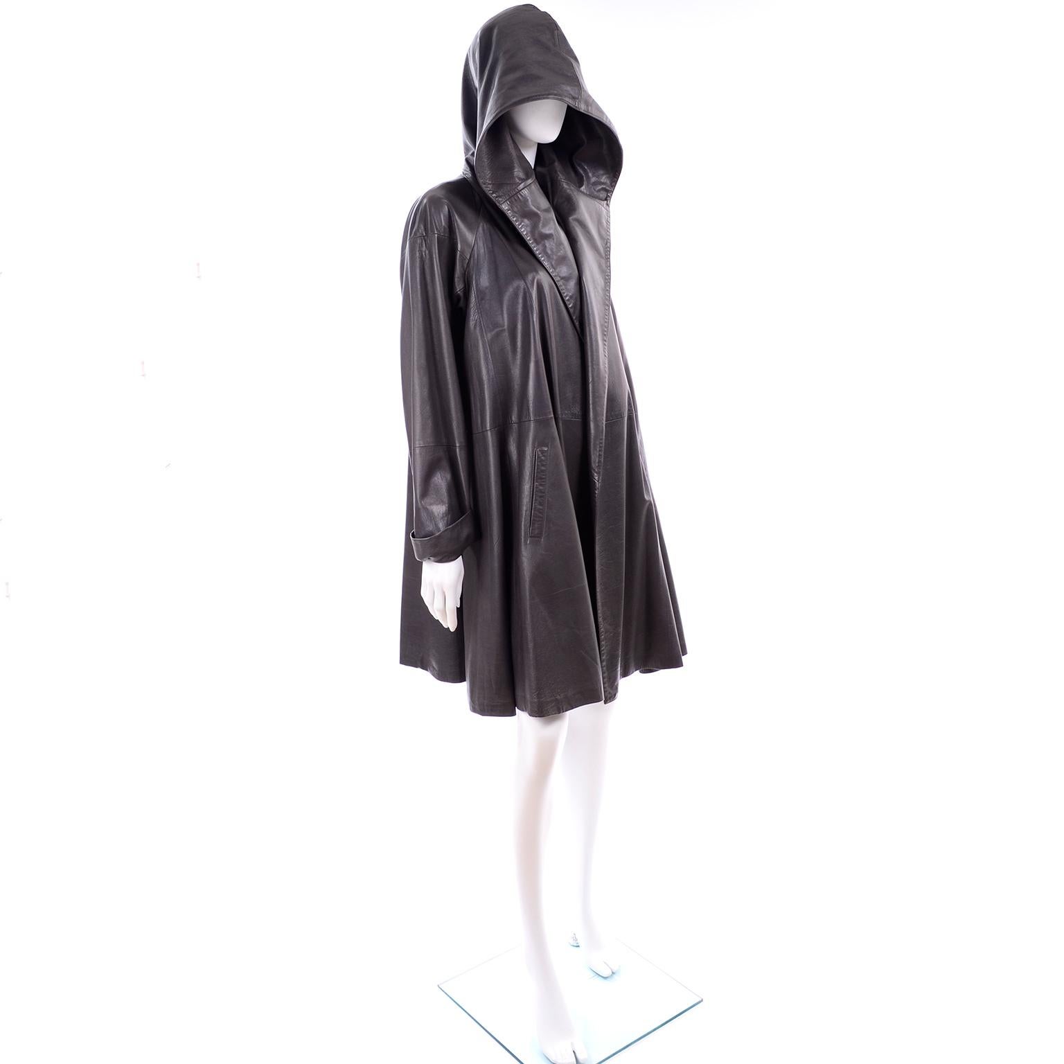 Donna Karan Vintage Gray Leather Swing Coat With Hood & Pockets In Excellent Condition In Portland, OR
