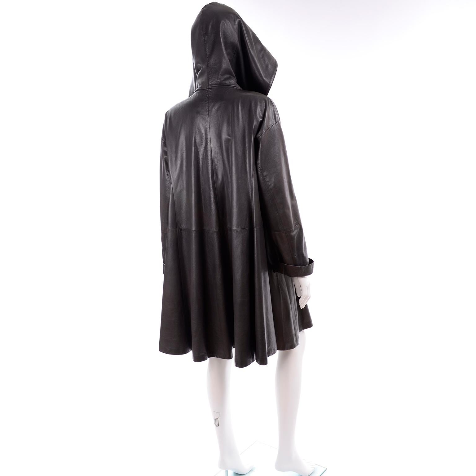 Women's Donna Karan Vintage Gray Leather Swing Coat With Hood & Pockets
