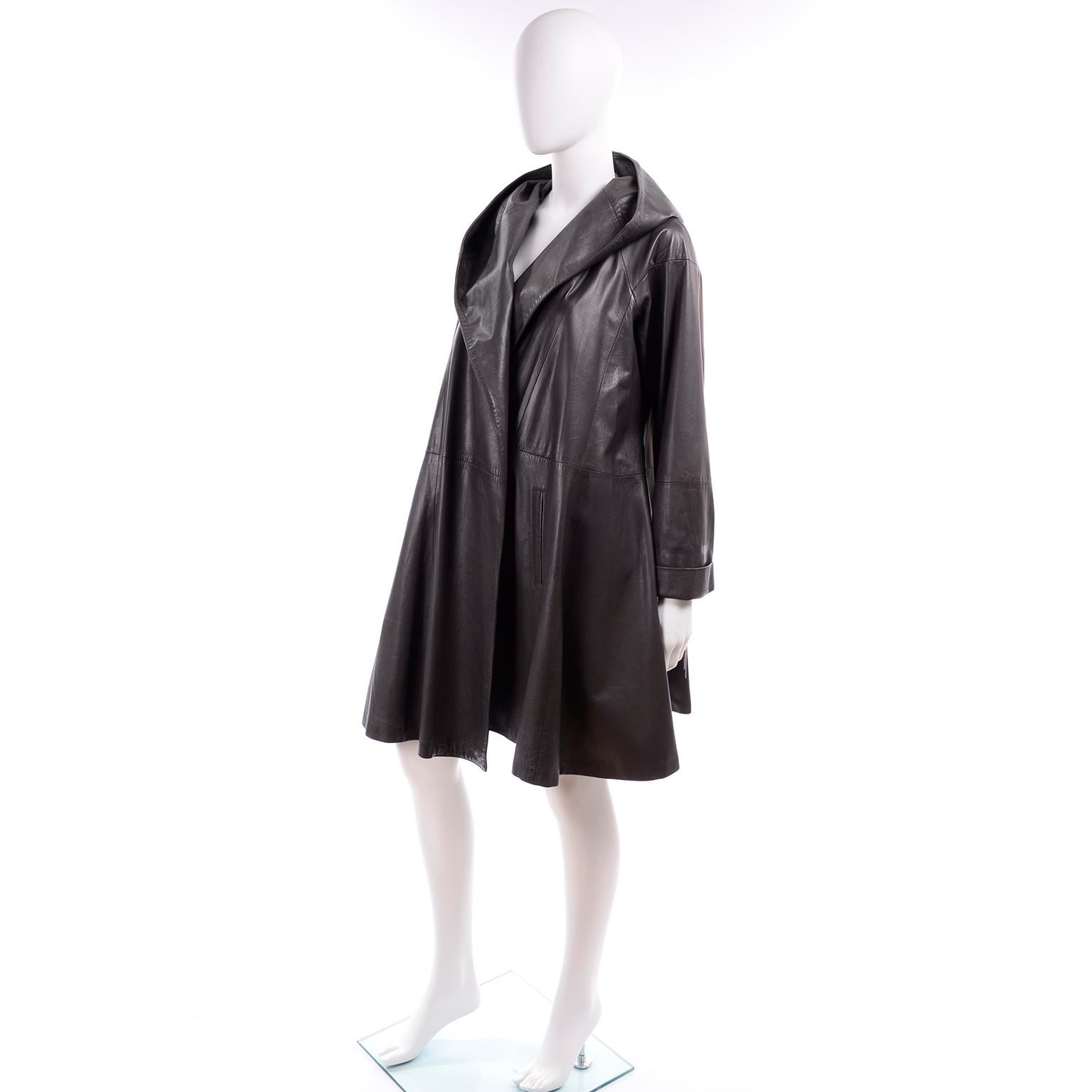 Donna Karan Vintage Gray Leather Swing Coat With Hood & Pockets 2