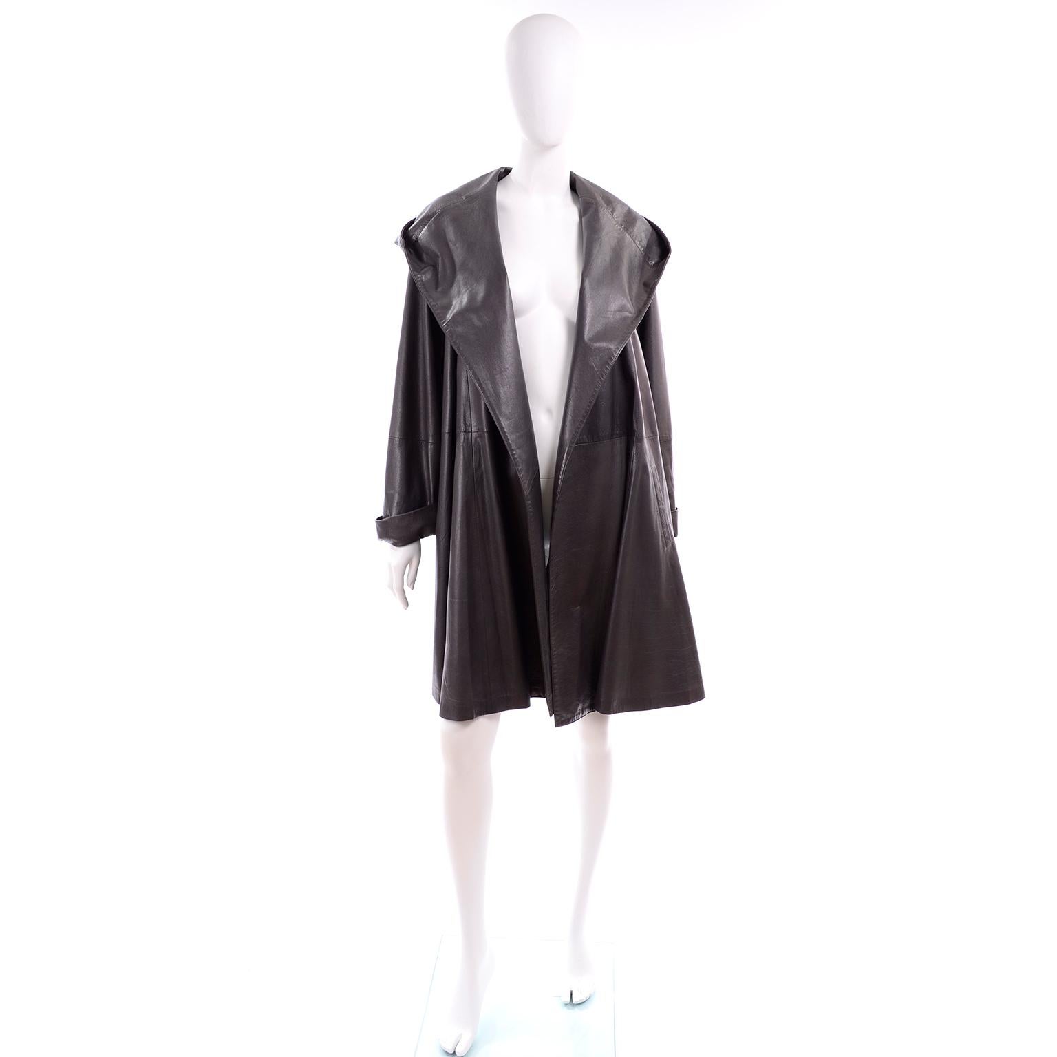 Donna Karan Vintage Gray Leather Swing Coat With Hood & Pockets 3